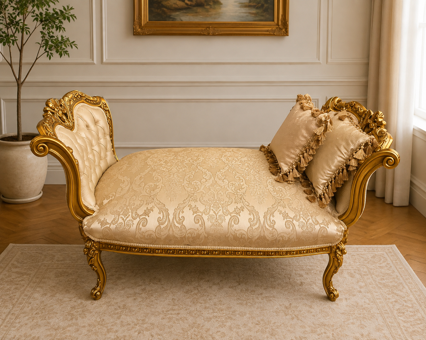 French Louis XV Gold Leaf Bench – White & Beige Damask Upholstery with Accent Cushions