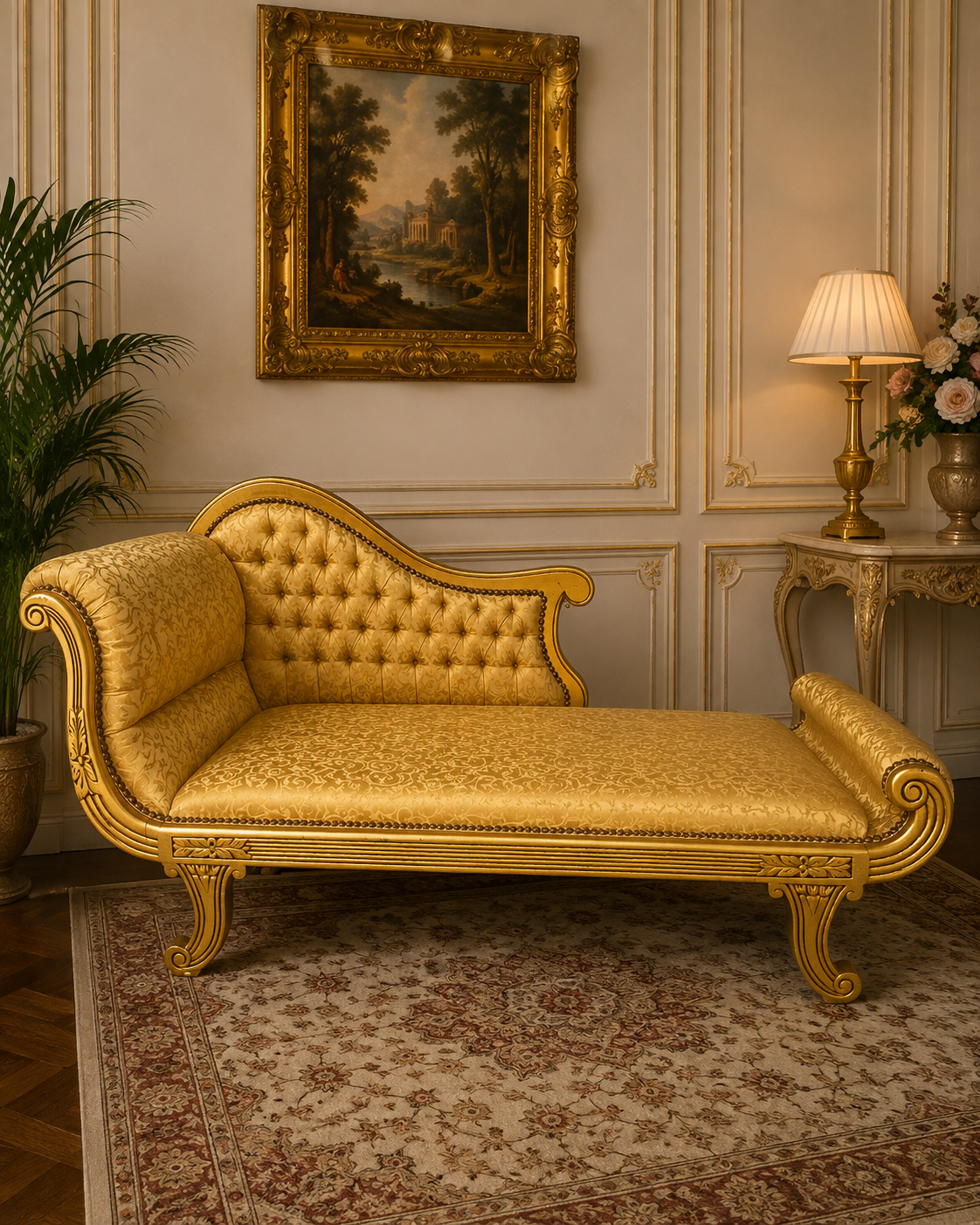 French Style Chaise Lounge – Tufted Damask Upholstery with Ornate Gold Leaf Frame