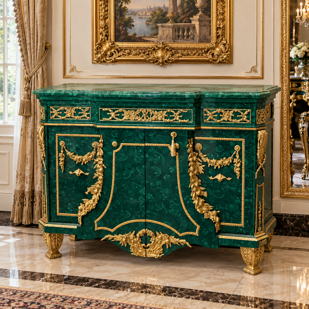 Grand Bottle Green French Louis XVI Commode – Locking Cabinet with Gold Leaf & Ornate Bronze Mounts
