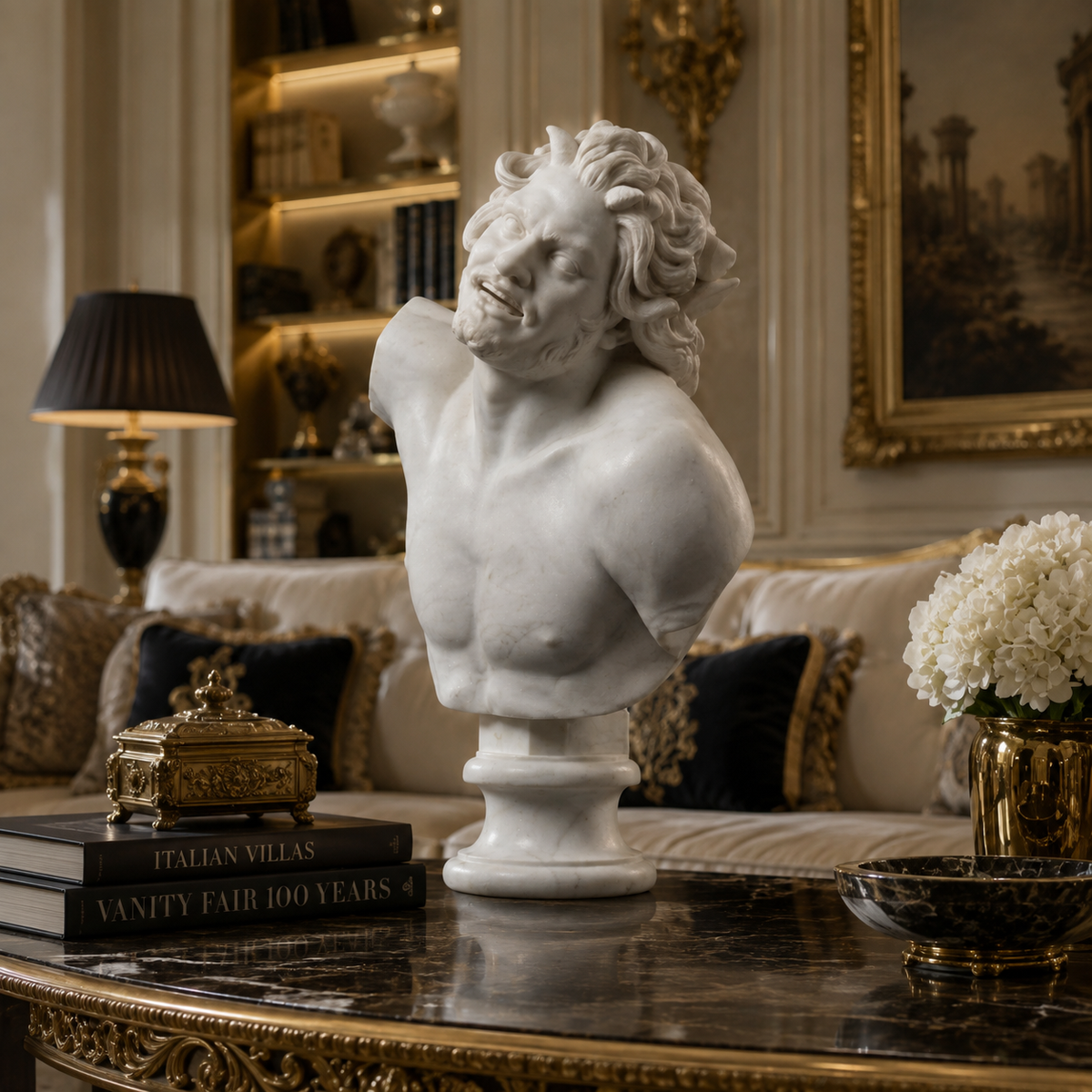 One-of-a-Kind Hand-Carved Natural Marble Bust Sculpture – Bust of a Drunken Satyr