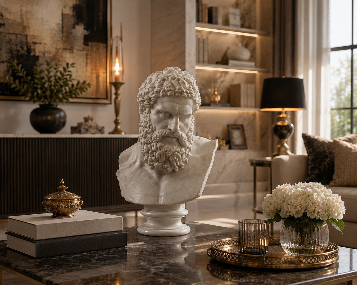 One-of-a-Kind Hand-Carved Natural Marble Bust Sculpture – Bust of the Farnese Hercules