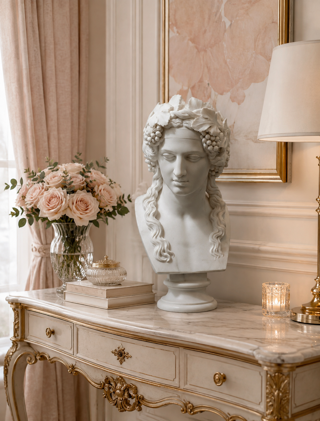 One-of-a-Kind Hand-Carved Natural Marble Bust Sculpture – Head of Bacchus