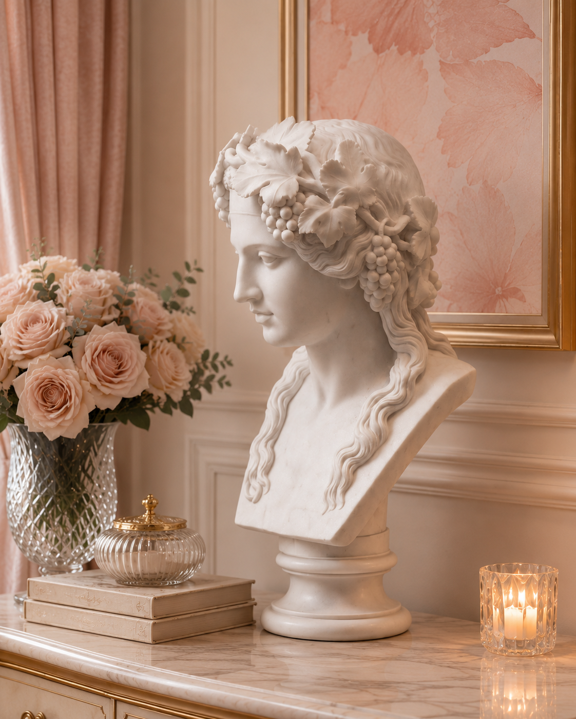 One-of-a-Kind Hand-Carved Natural Marble Bust Sculpture – Head of Bacchus