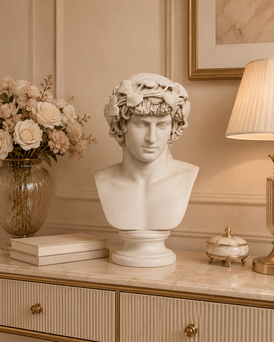 One-of-a-Kind Hand-Carved Natural Marble Bust Sculpture – Portrait of Antinous