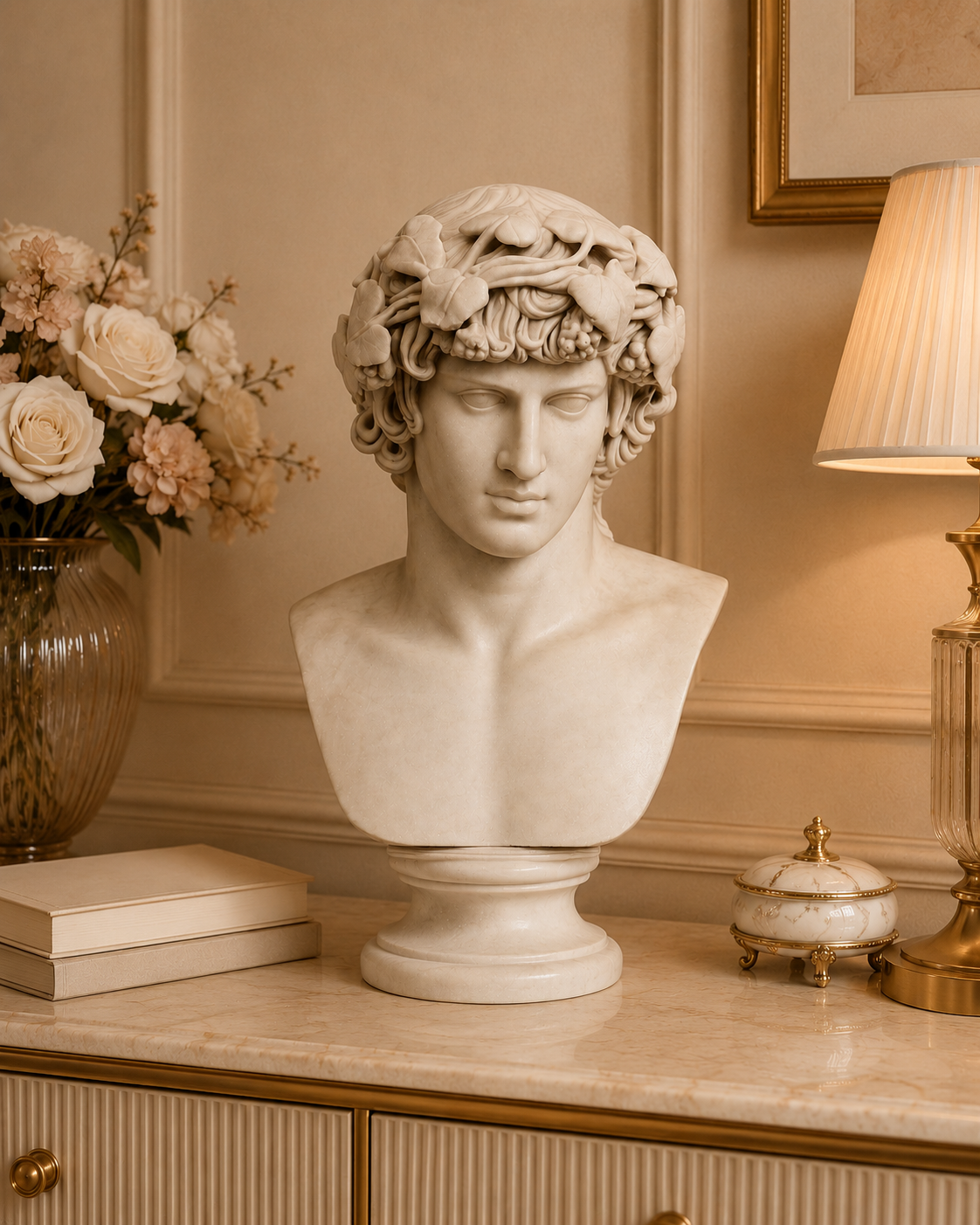 One-of-a-Kind Hand-Carved Natural Marble Bust Sculpture – Portrait of Antinous