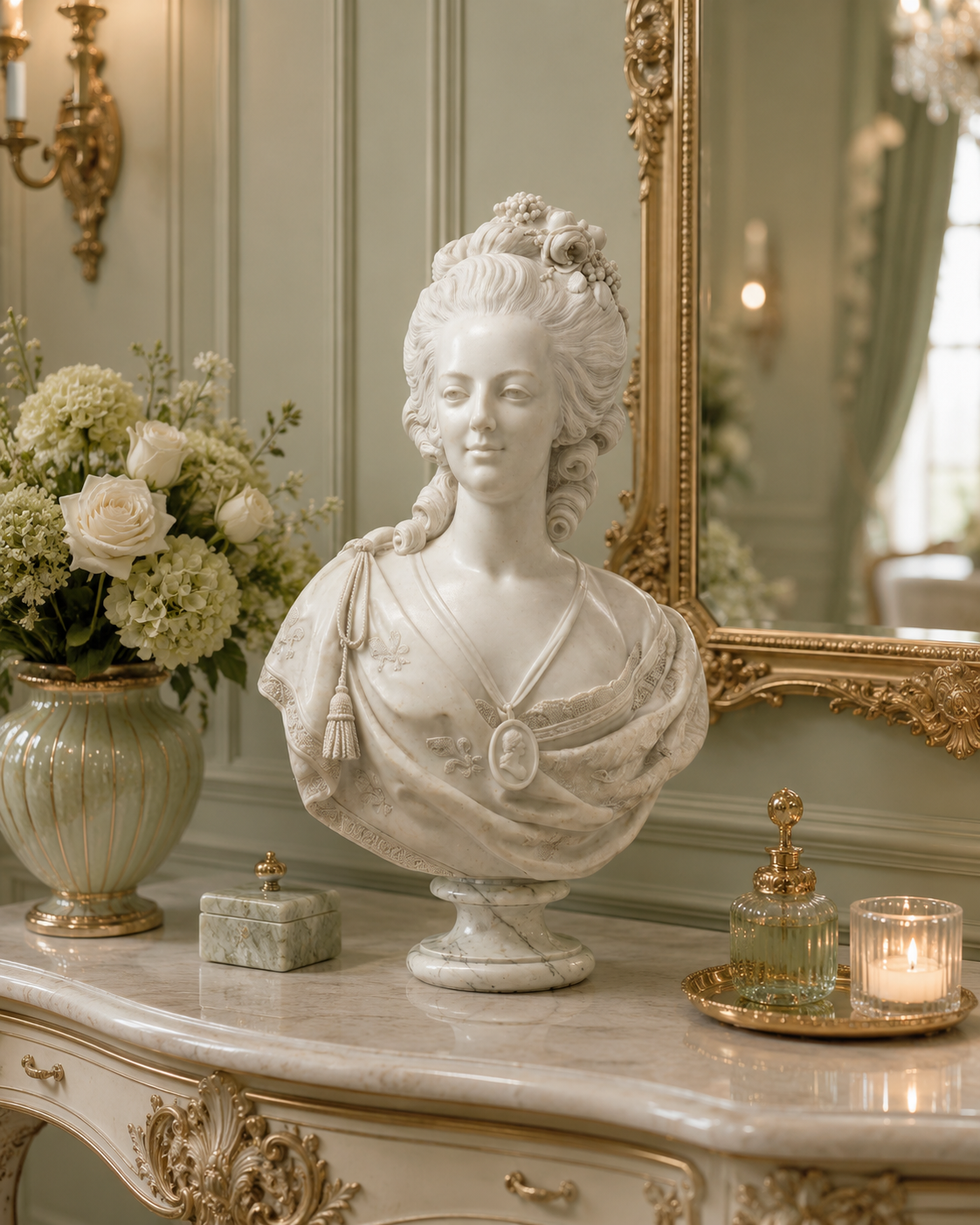 One-of-a-Kind Hand-Carved Natural Marble Bust Sculpture – Portrait of Marie Antoinette