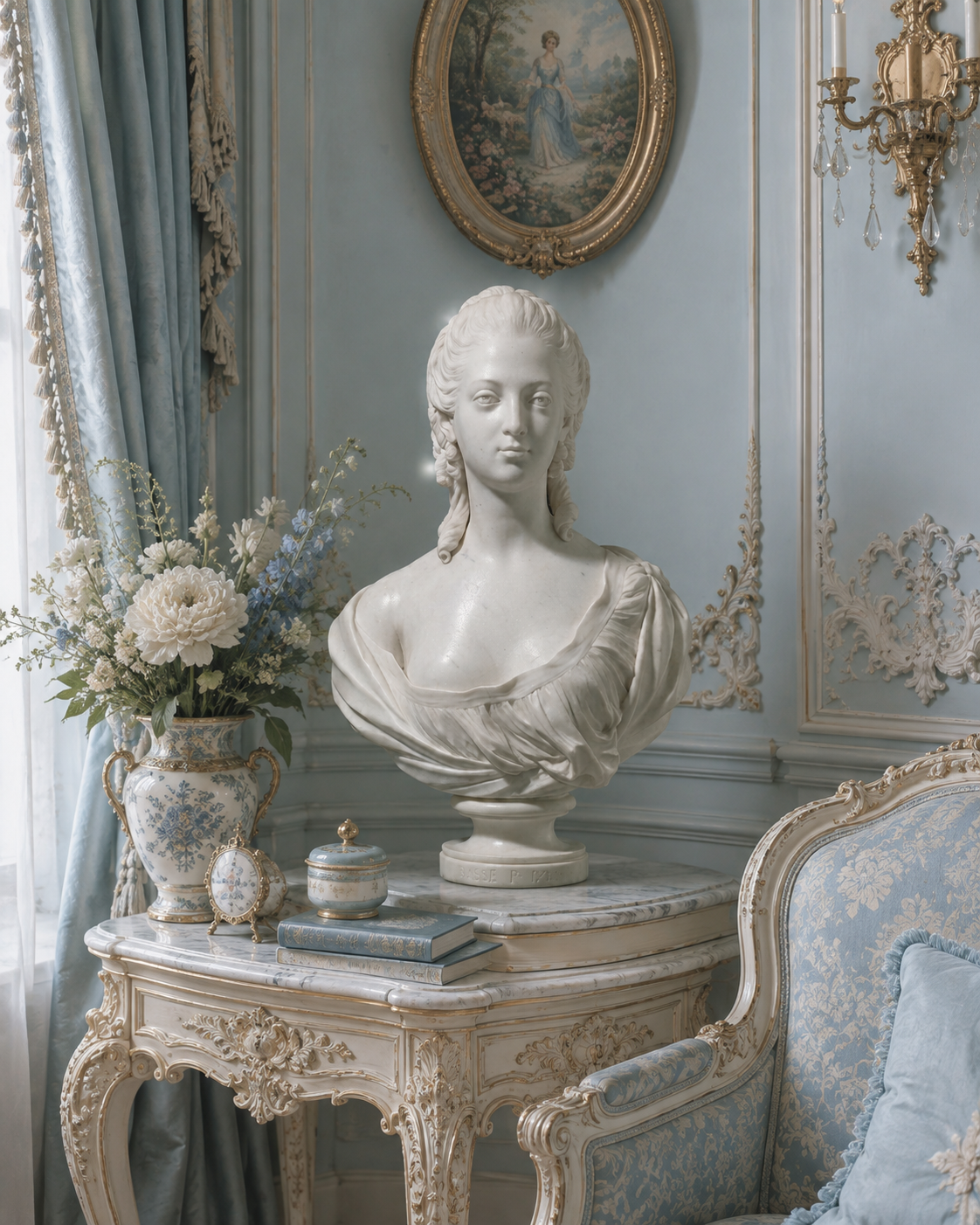 One-of-a-Kind Hand-Carved Natural Marble Bust Sculpture – Marble Bust of Madame Victoire