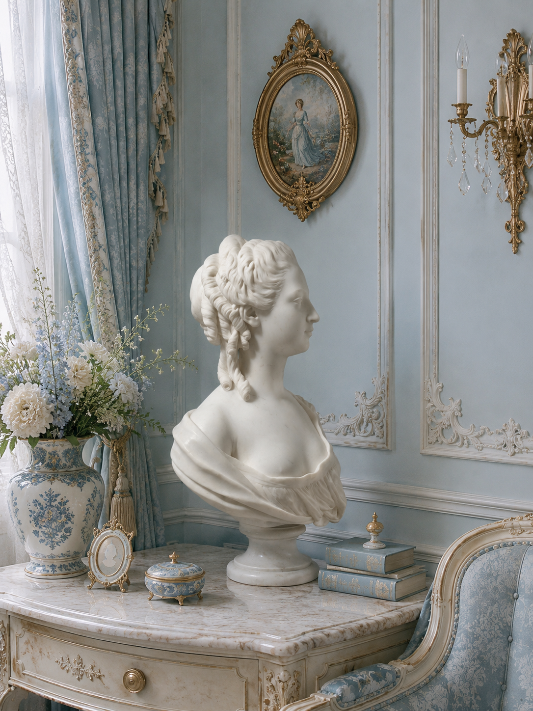 One-of-a-Kind Hand-Carved Natural Marble Bust Sculpture – Marble Bust of Madame Victoire