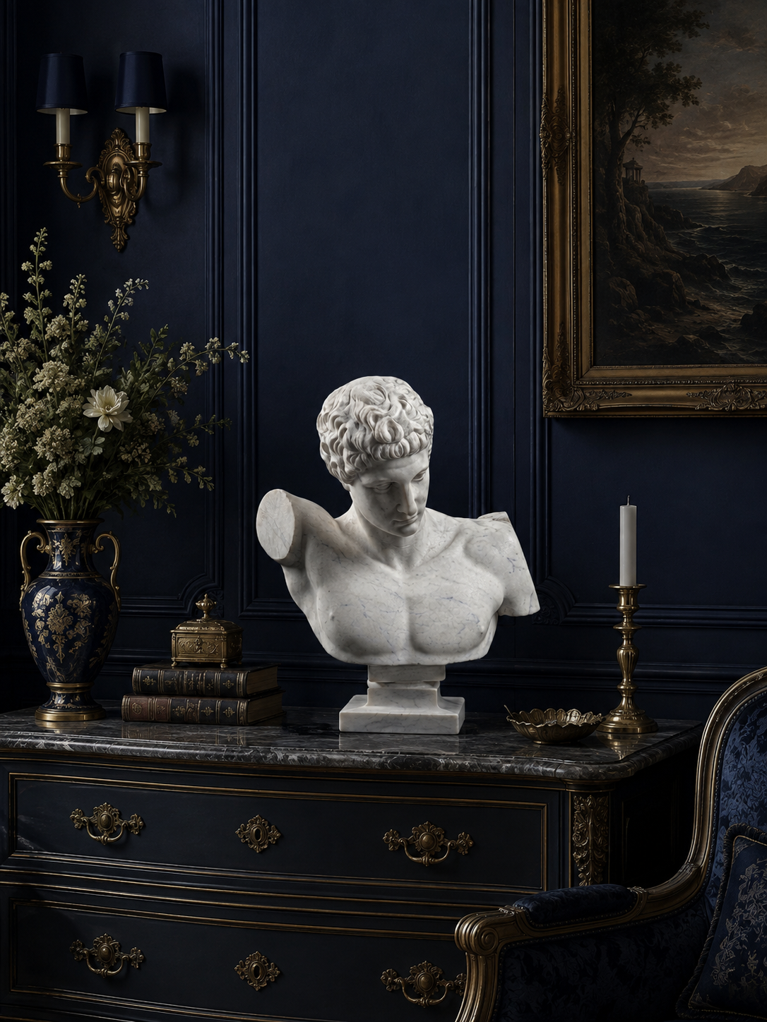 One-of-a-Kind Hand-Carved Natural Marble Bust Sculpture – Bust of Hermes of Praxiteles