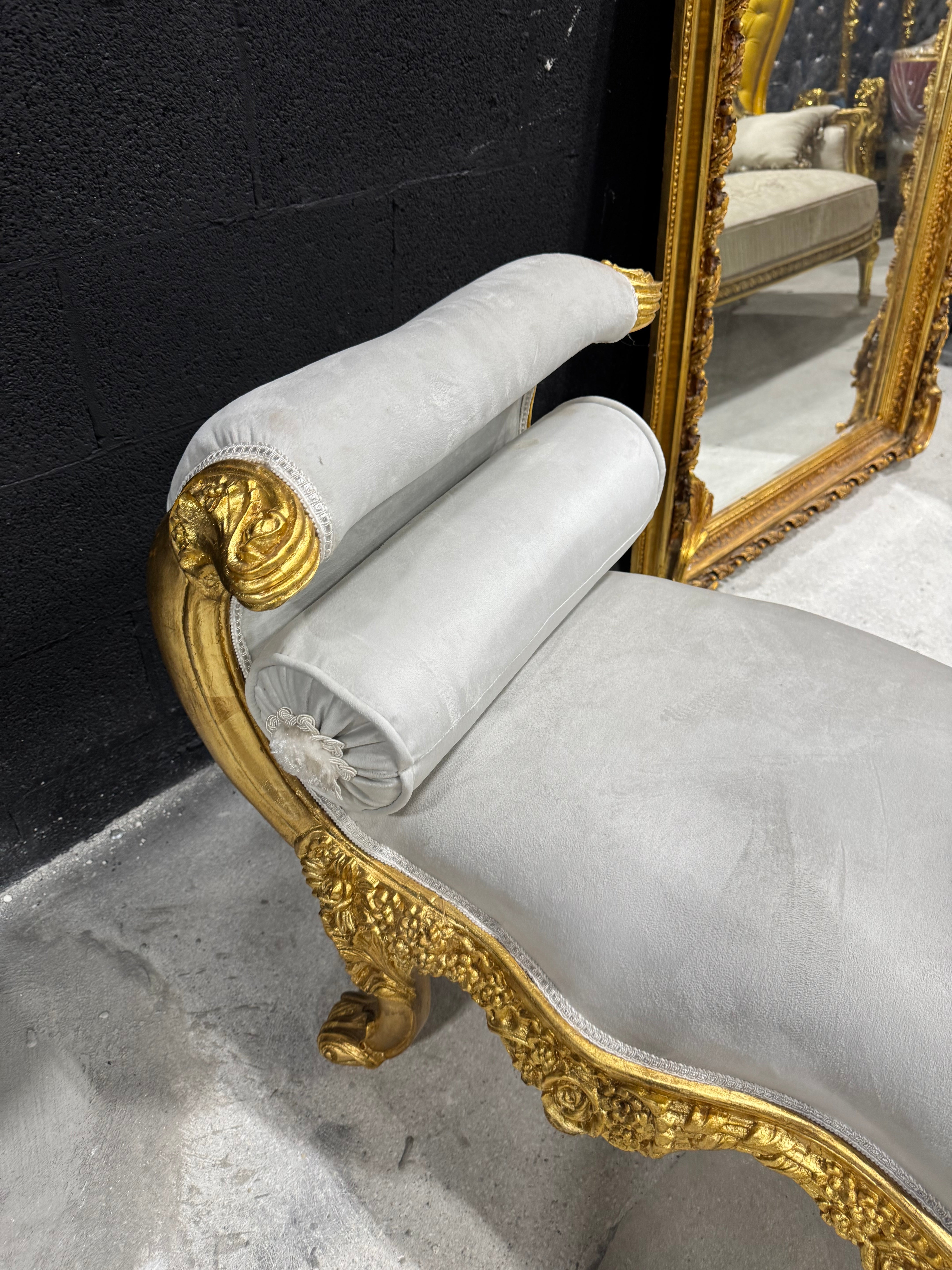 Baroque style off-white velvet bench, gold leaf frame