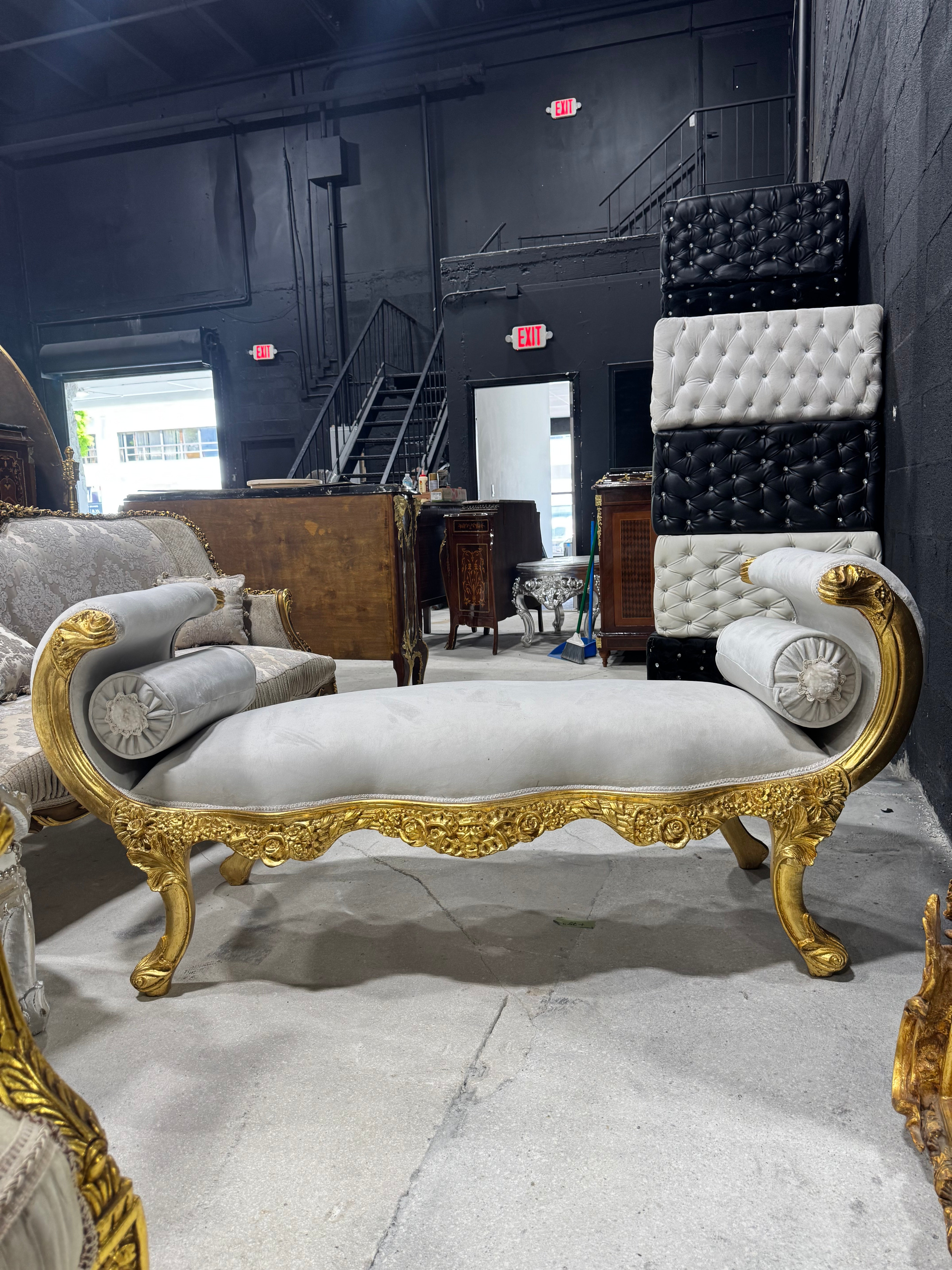 Baroque style off-white velvet bench, gold leaf frame