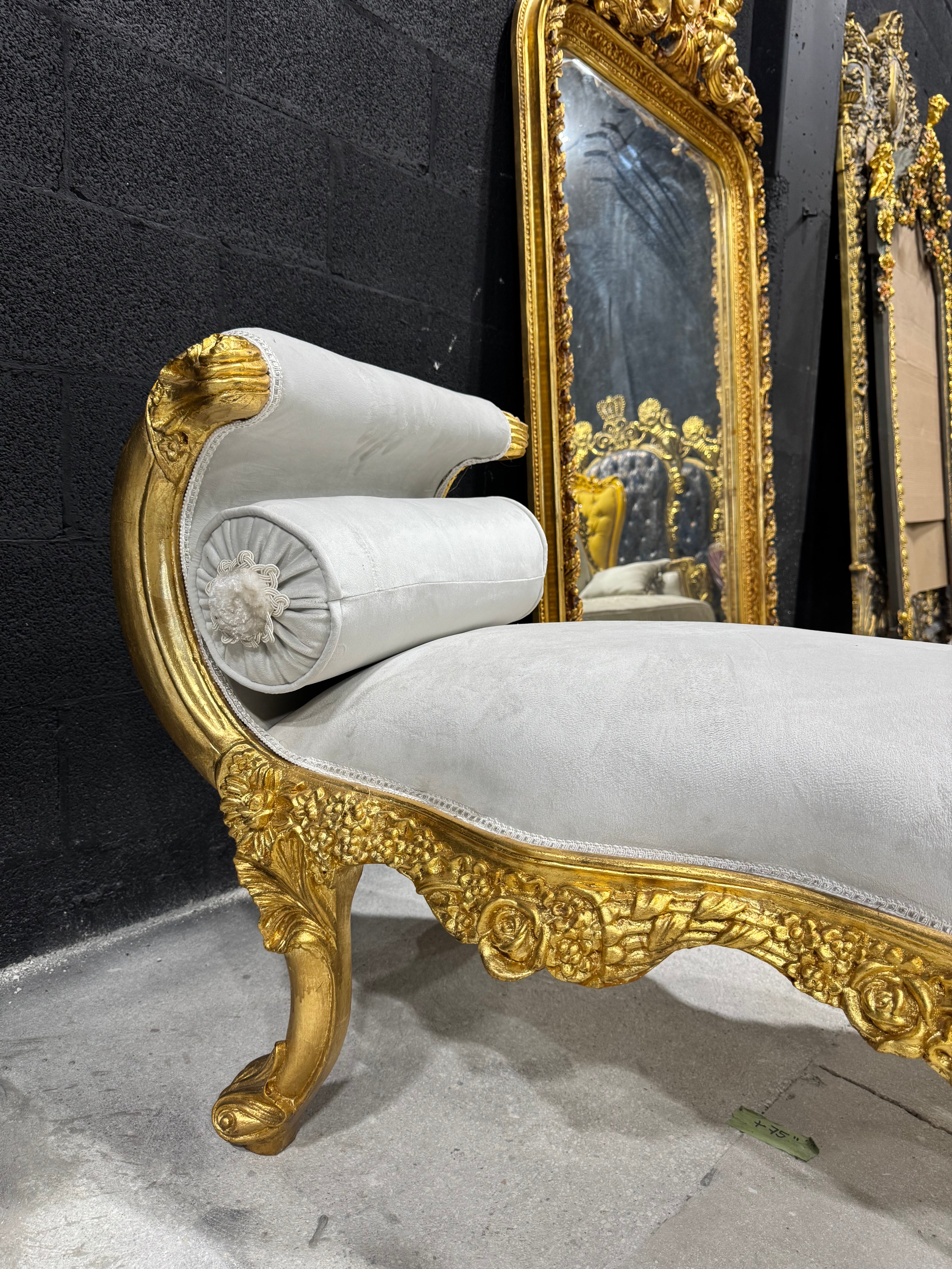 Baroque style off-white velvet bench, gold leaf frame