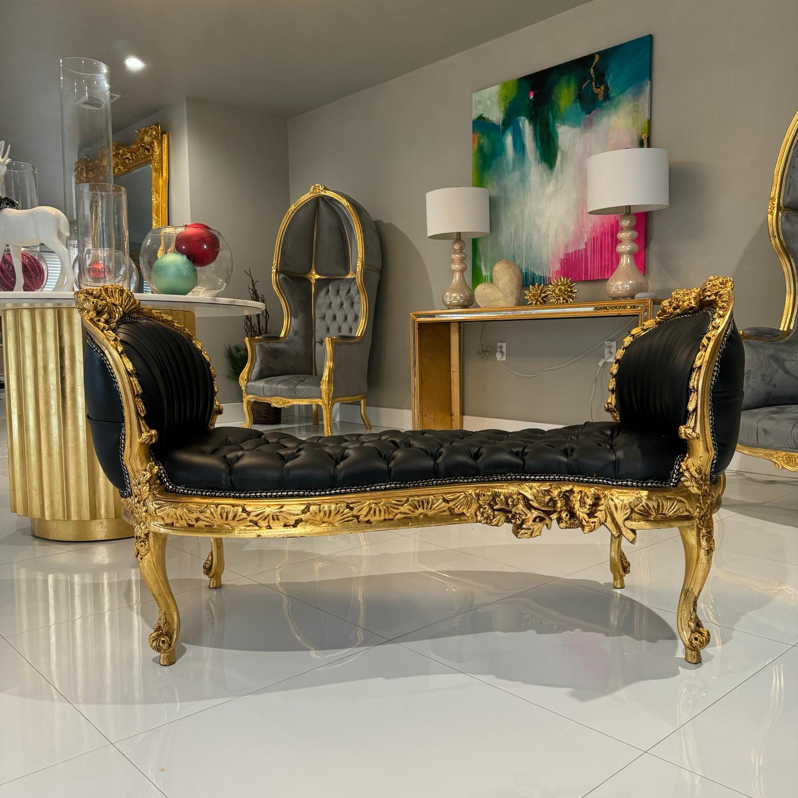Marquis French Tufted Bench Black Leather French Bench Home Decor Furniture