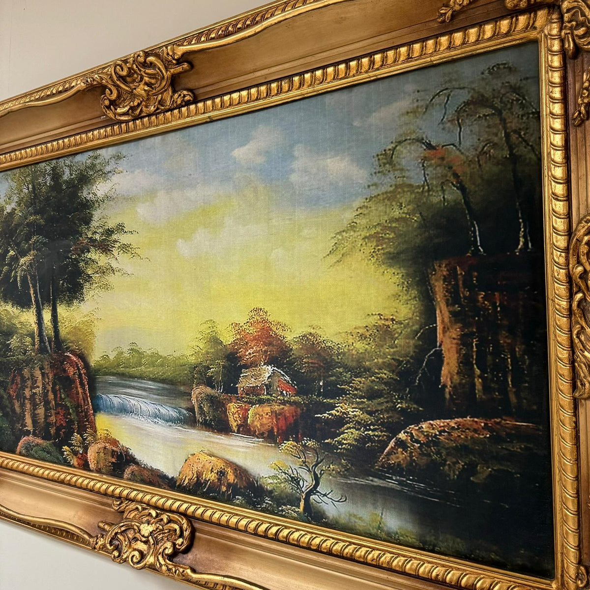 European Countryside Landscape Wall Art – Scenic River & Woodland with Ornate Gold Leaf Frame