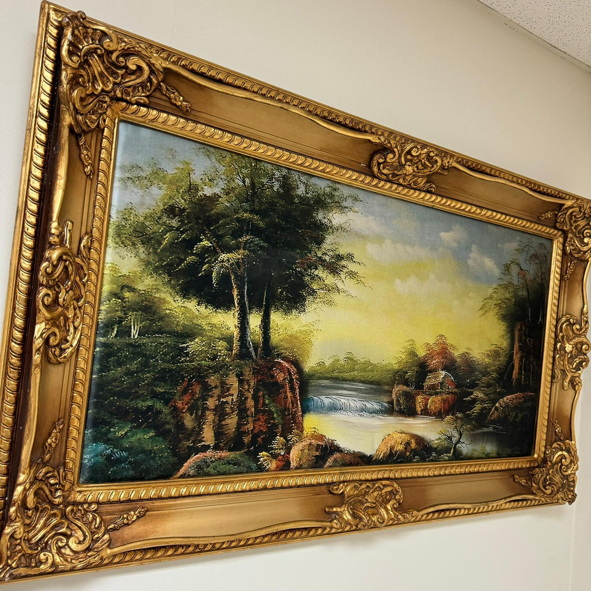 European Countryside Landscape Wall Art – Scenic River & Woodland with Ornate Gold Leaf Frame
