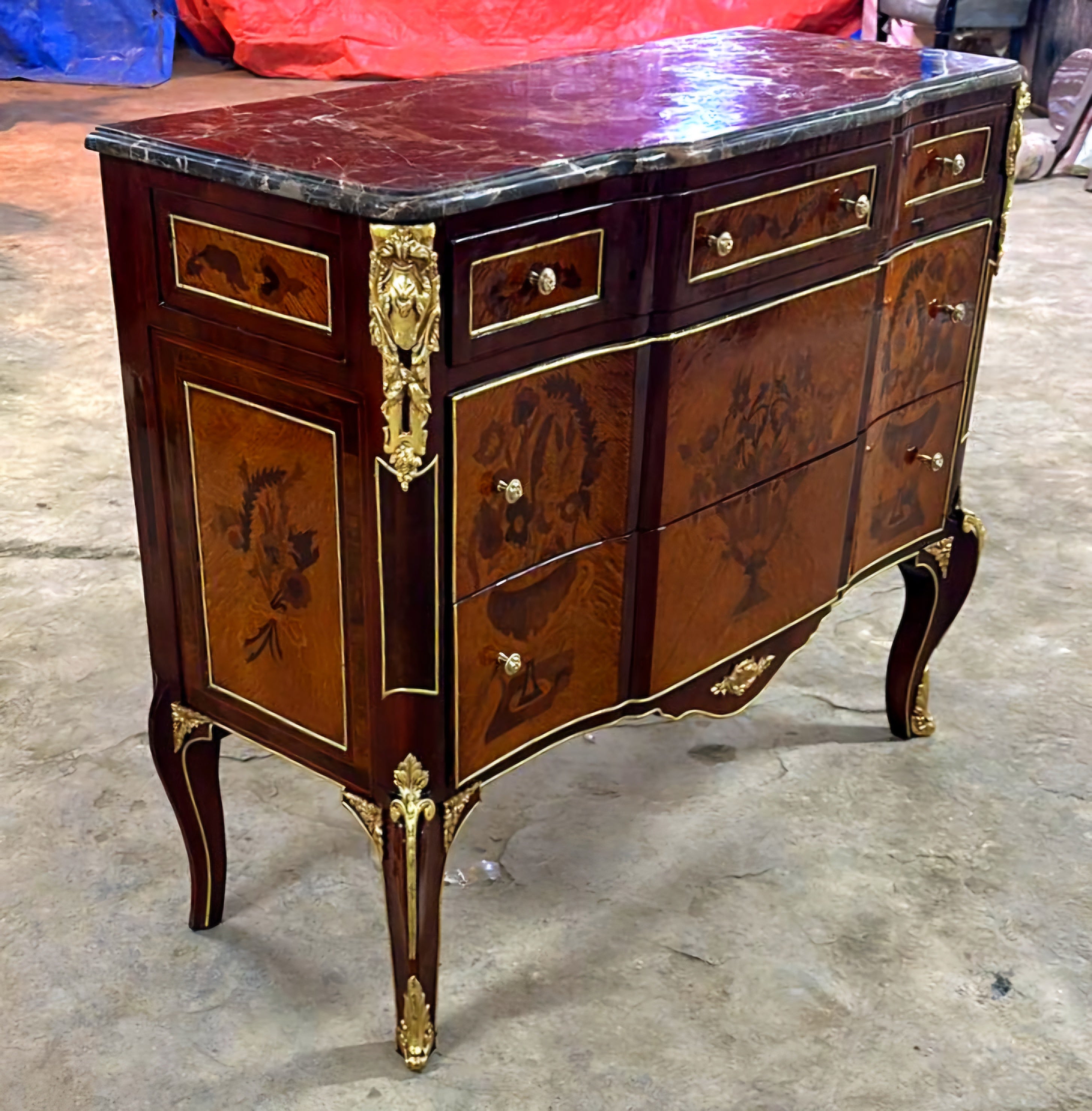 French Louis XVI Style Brown Commode Cabinet With Drawers Marble Topped