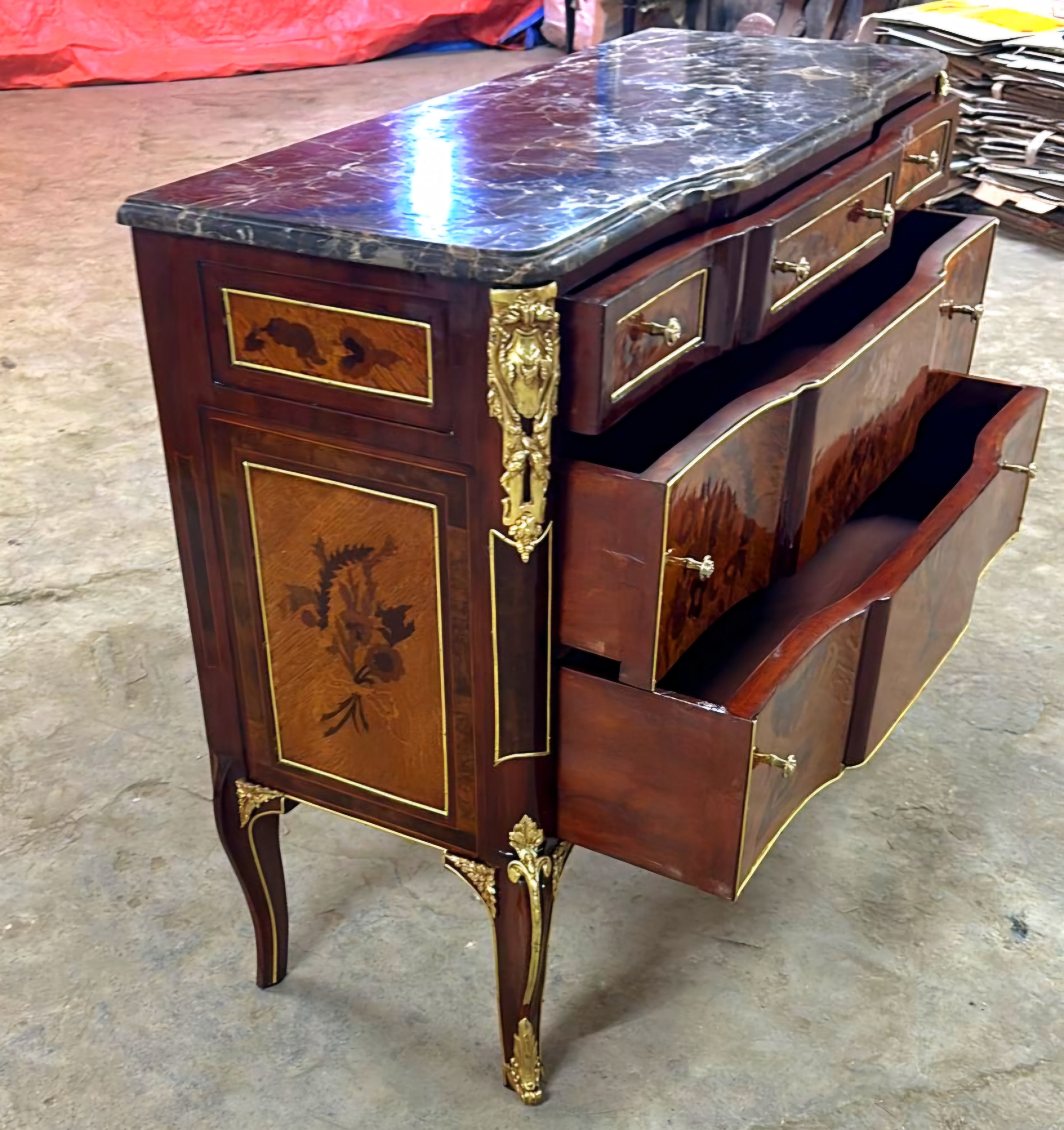 French Louis XVI Style Brown Commode Cabinet With Drawers Marble Topped