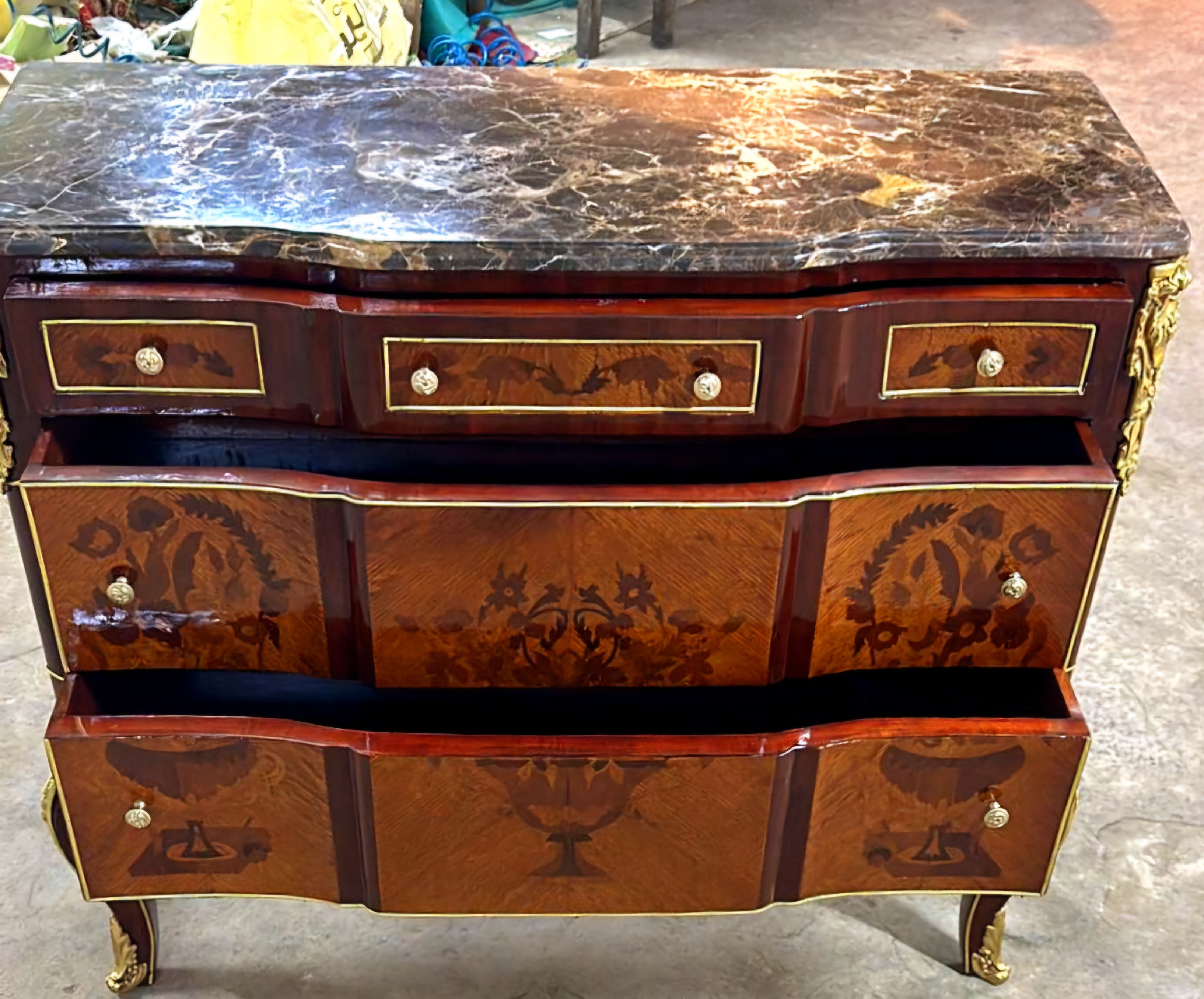 French Louis XVI Style Brown Commode Cabinet With Drawers Marble Topped