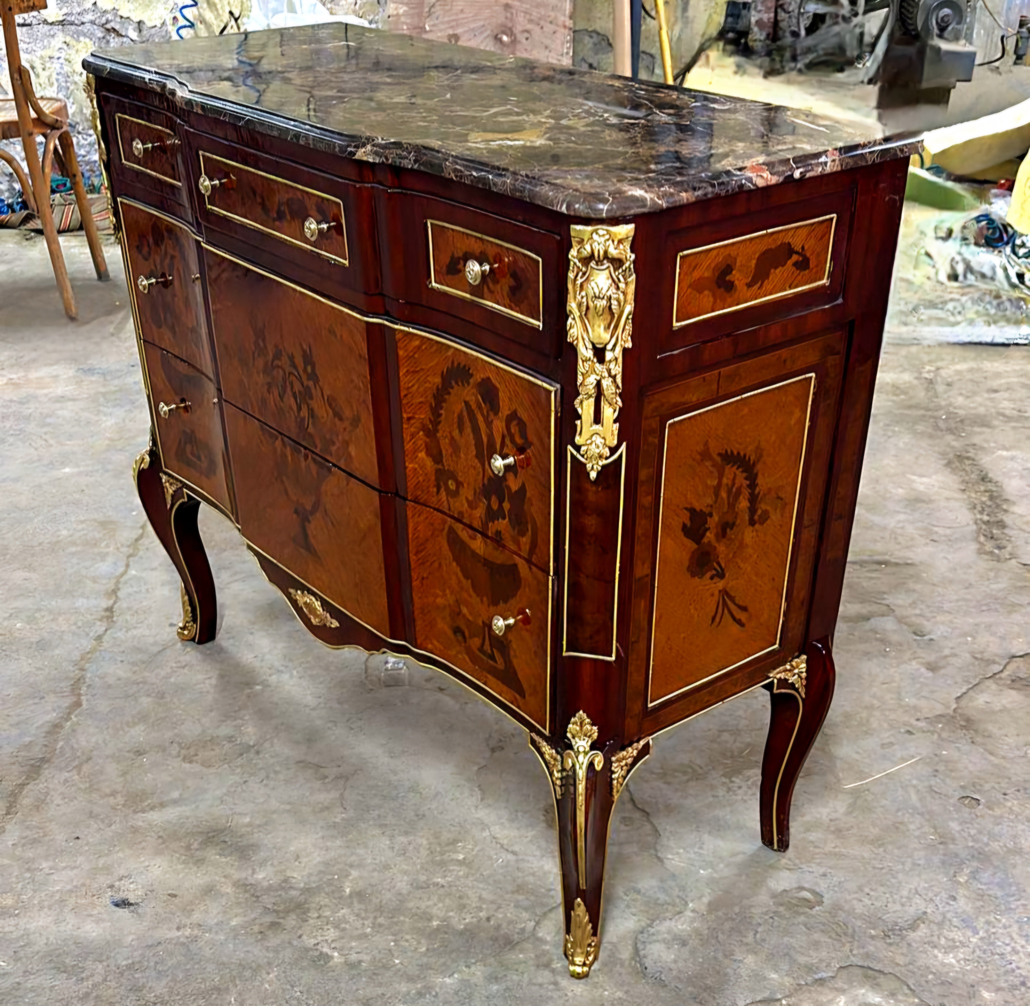 French Louis XVI Style Brown Commode Cabinet With Drawers Marble Topped