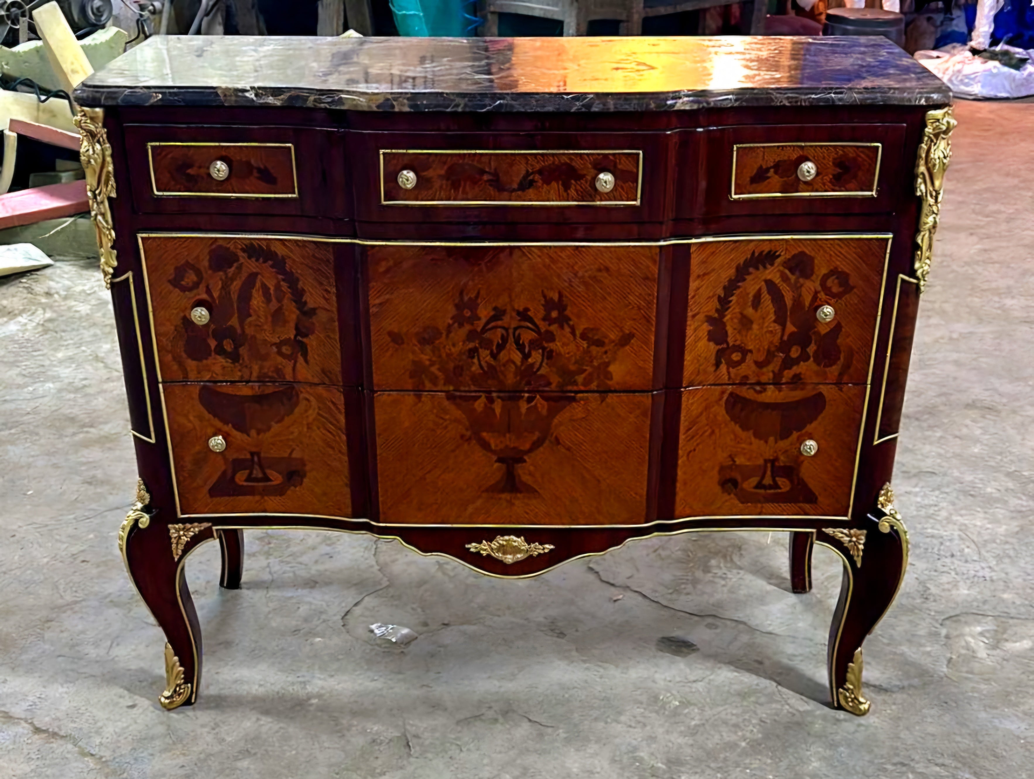 French Louis XVI Style Brown Commode Cabinet With Drawers Marble Topped