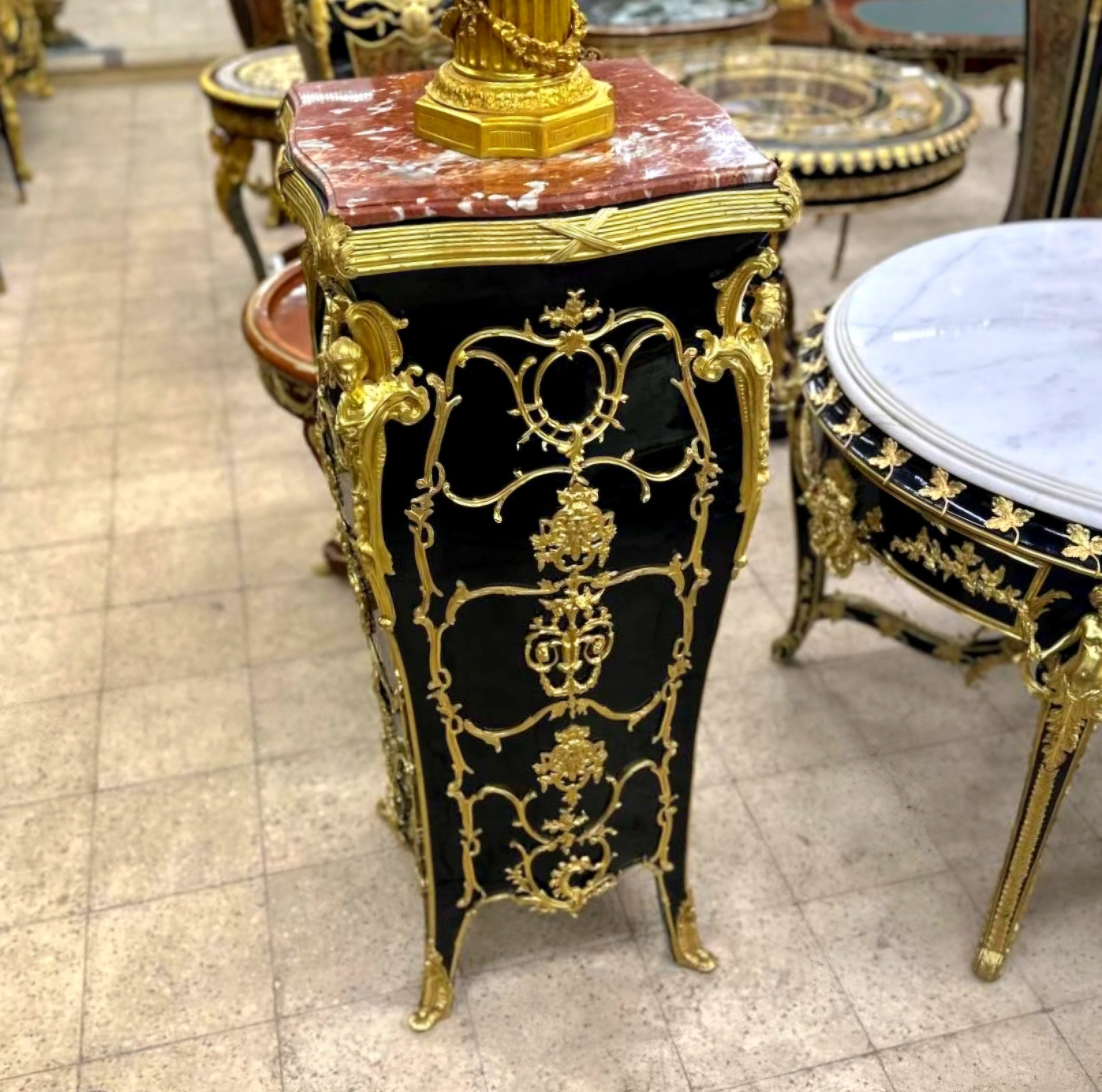 French Rococo Style Black Pedestal Column Timeless Marble Topped