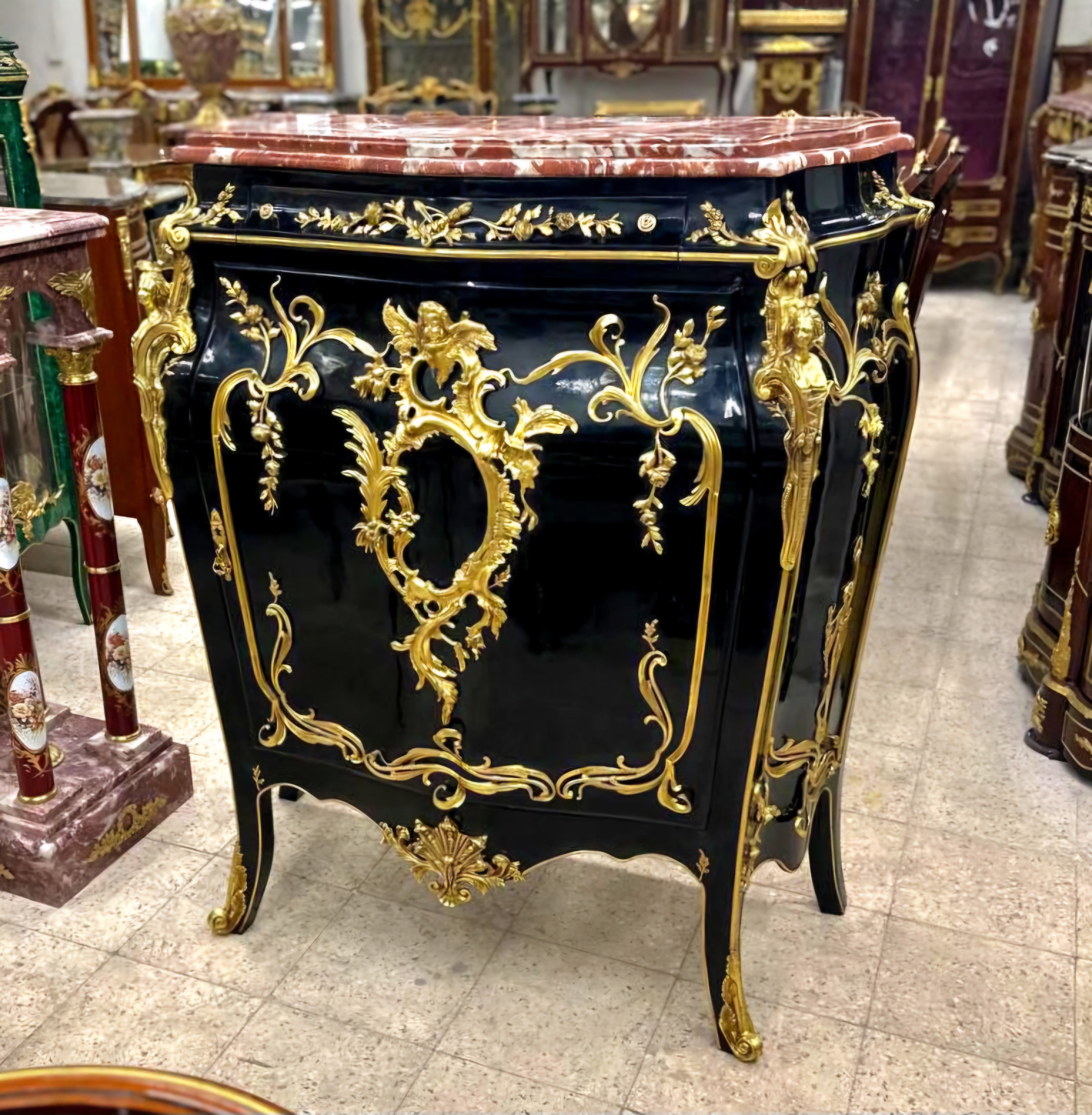 Black Commode Cabinet Bronze Details Late 19th Century Marble Topped