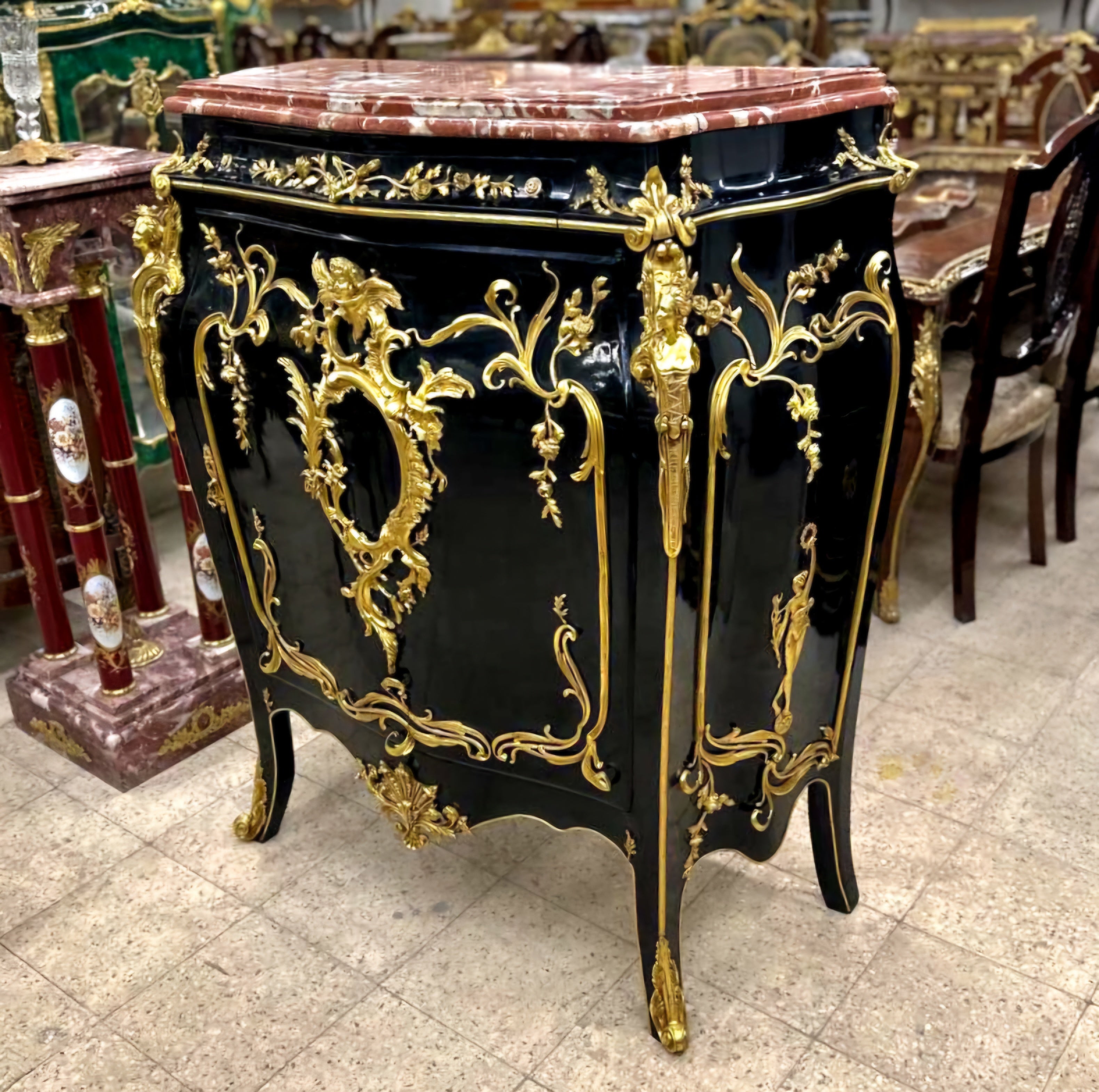 Black Commode Cabinet Bronze Details Late 19th Century Marble Topped