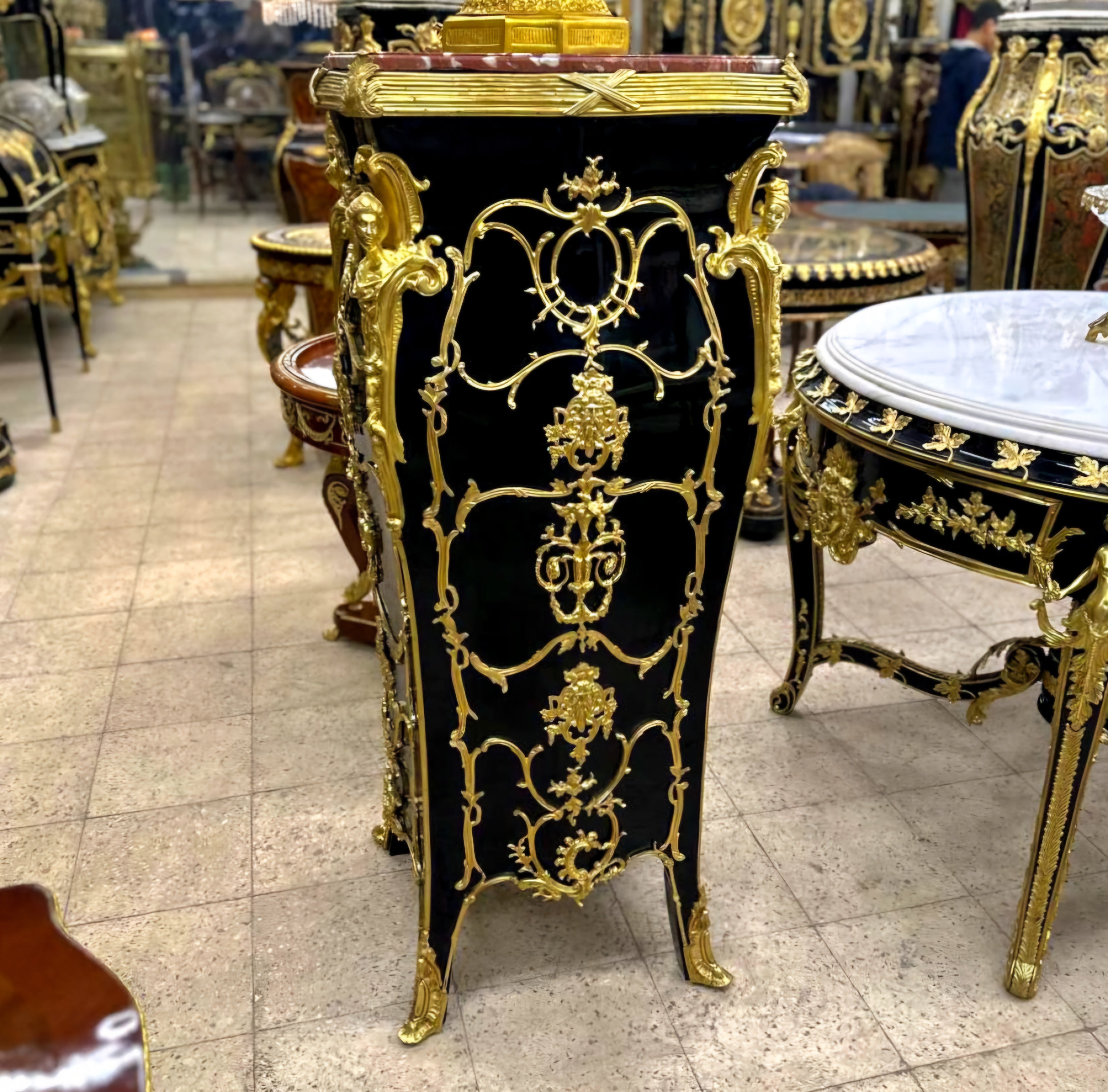 French Rococo Style Black Pedestal Column Timeless Marble Topped