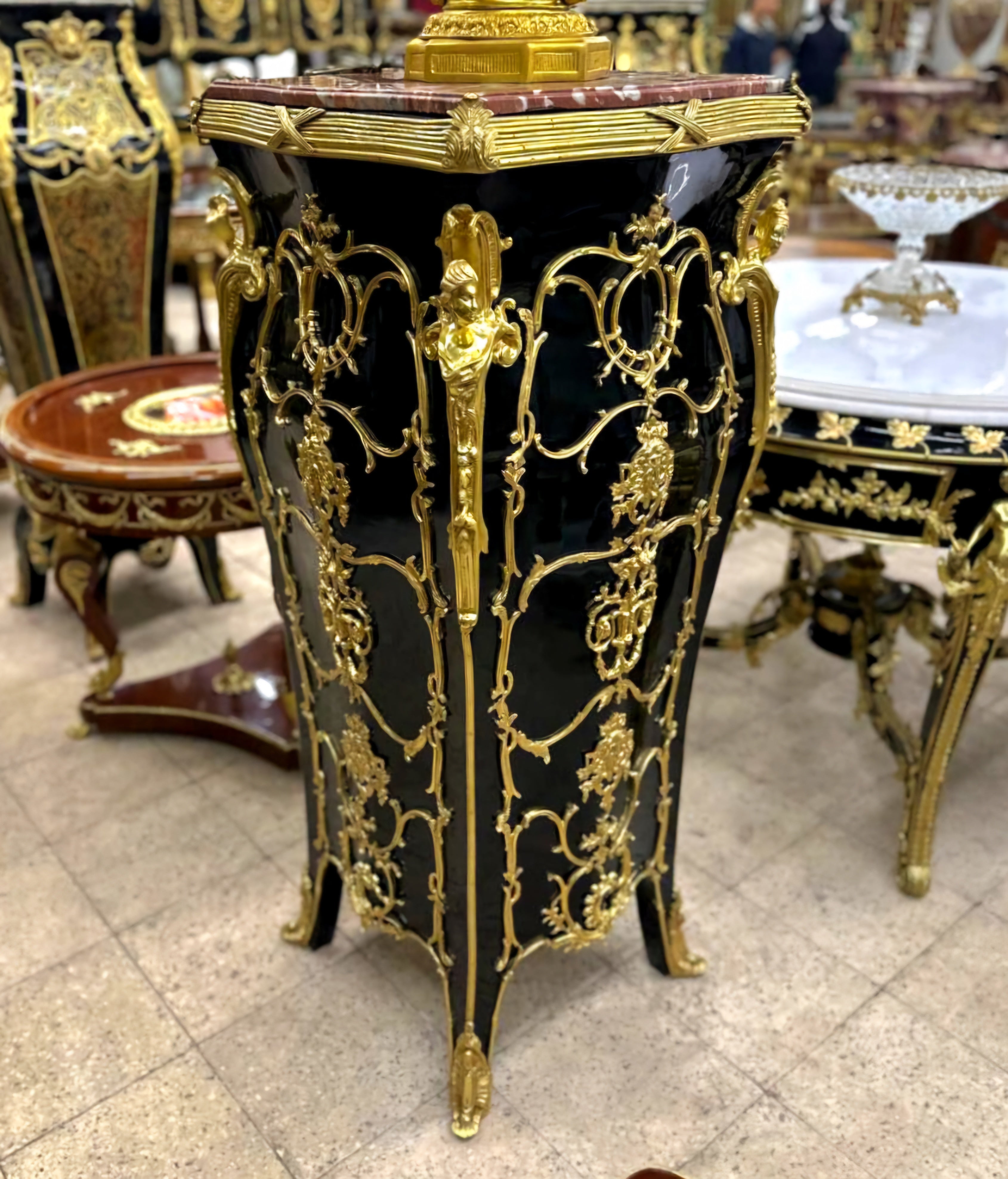 French Rococo Style Black Pedestal Column Timeless Marble Topped