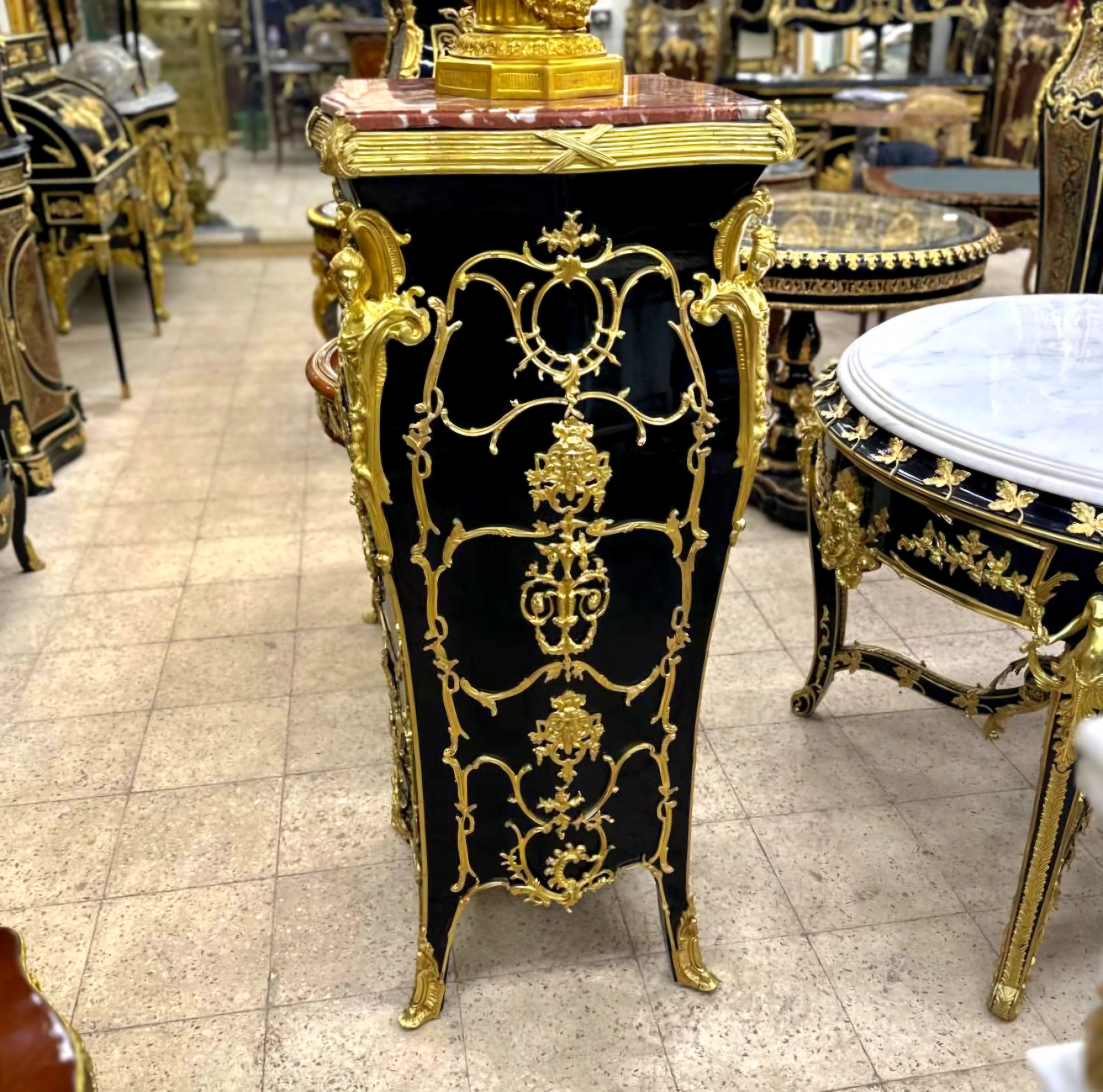 French Rococo Style Black Pedestal Column Timeless Marble Topped