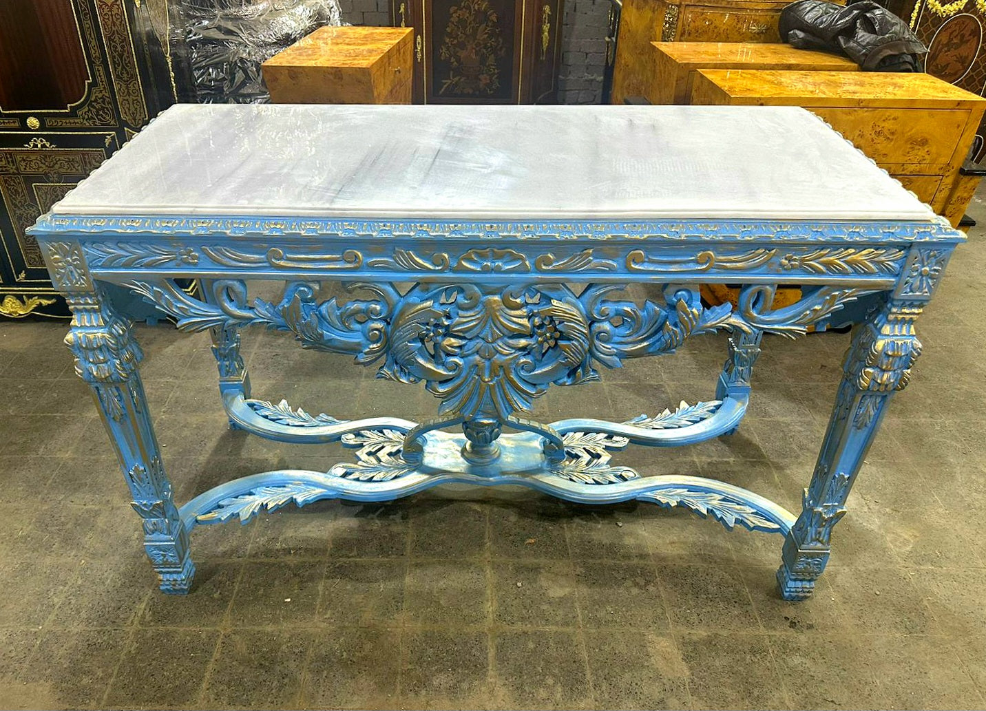 1950s French Baroque Sky Blue Table with Silver Details and Marble Topped