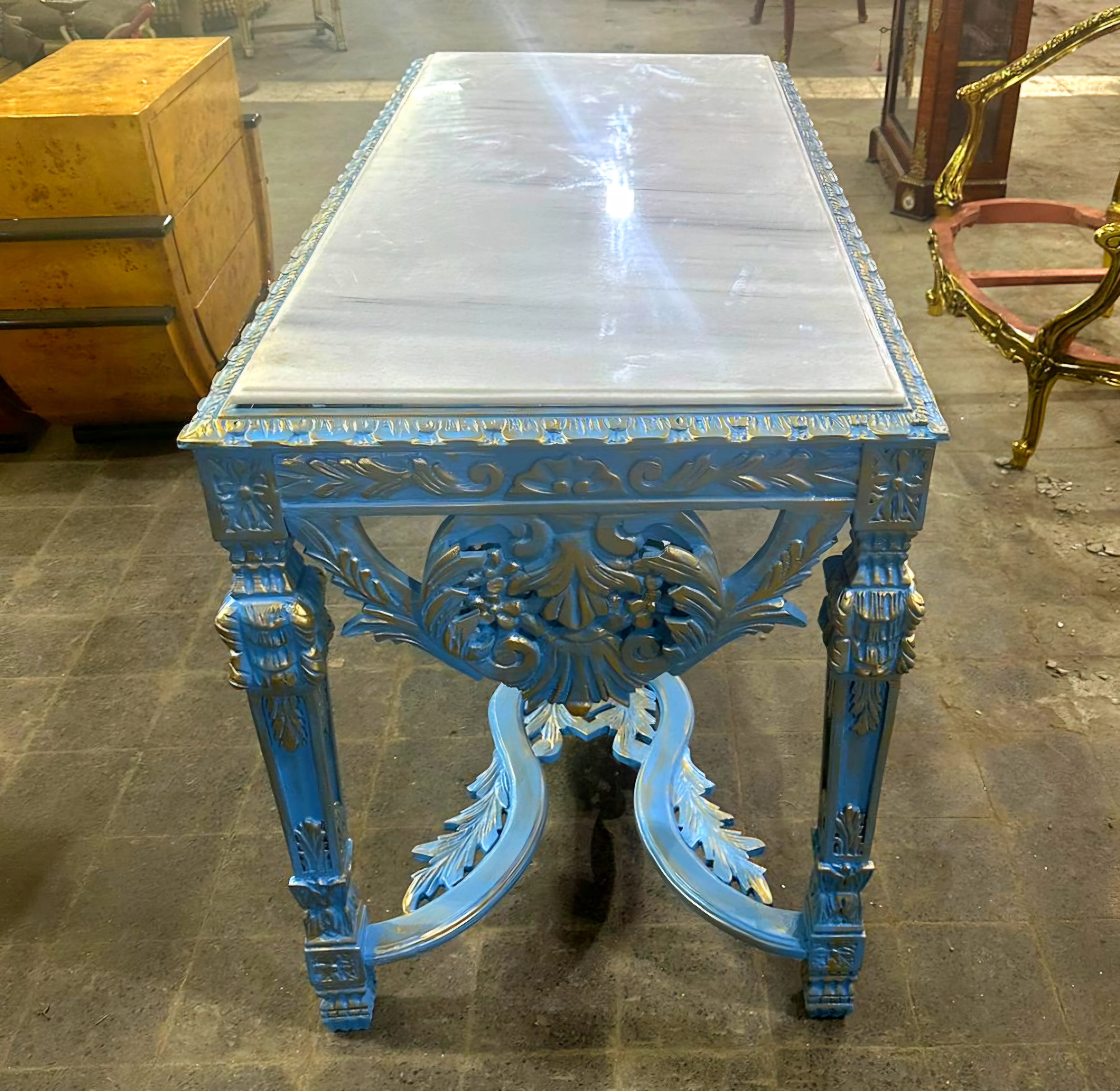 1950s French Baroque Sky Blue Table with Silver Details and Marble Topped