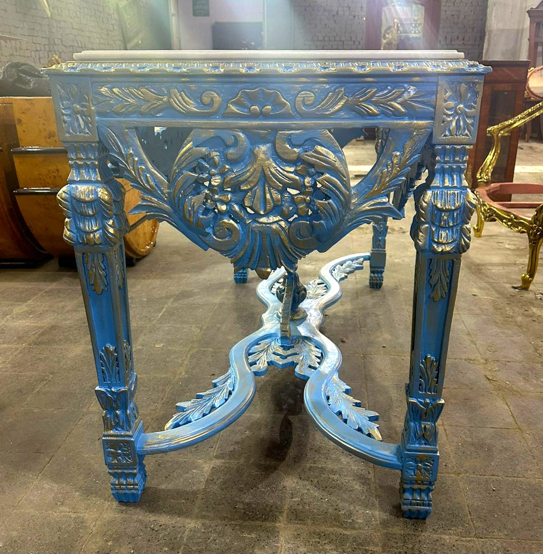 1950s French Baroque Sky Blue Table with Silver Details and Marble Topped