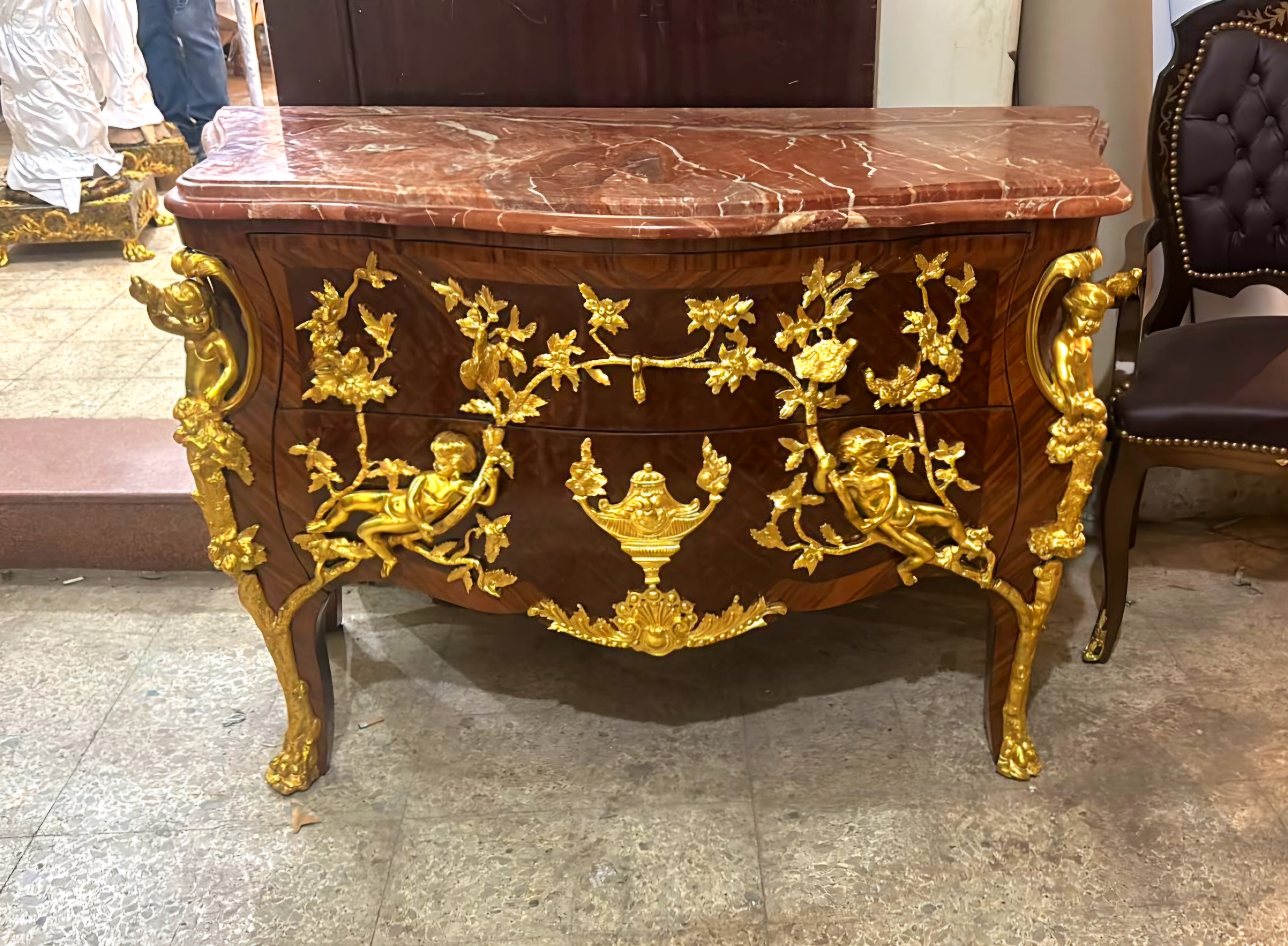 Louis XV Style Chest of Drawers Commode Marble Topped Gold Leaf Details