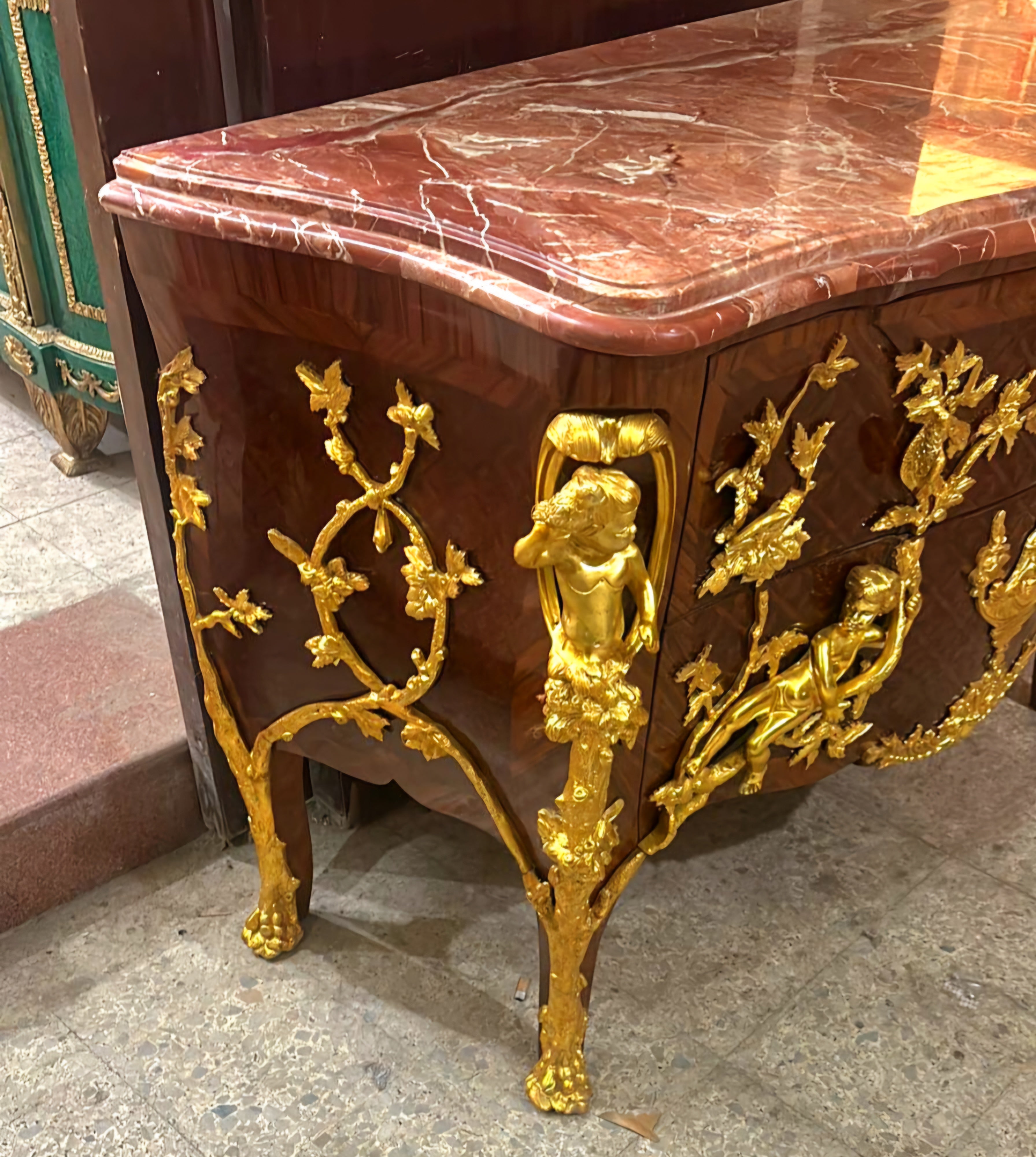 Louis XV Style Chest of Drawers Commode Marble Topped Gold Leaf Details