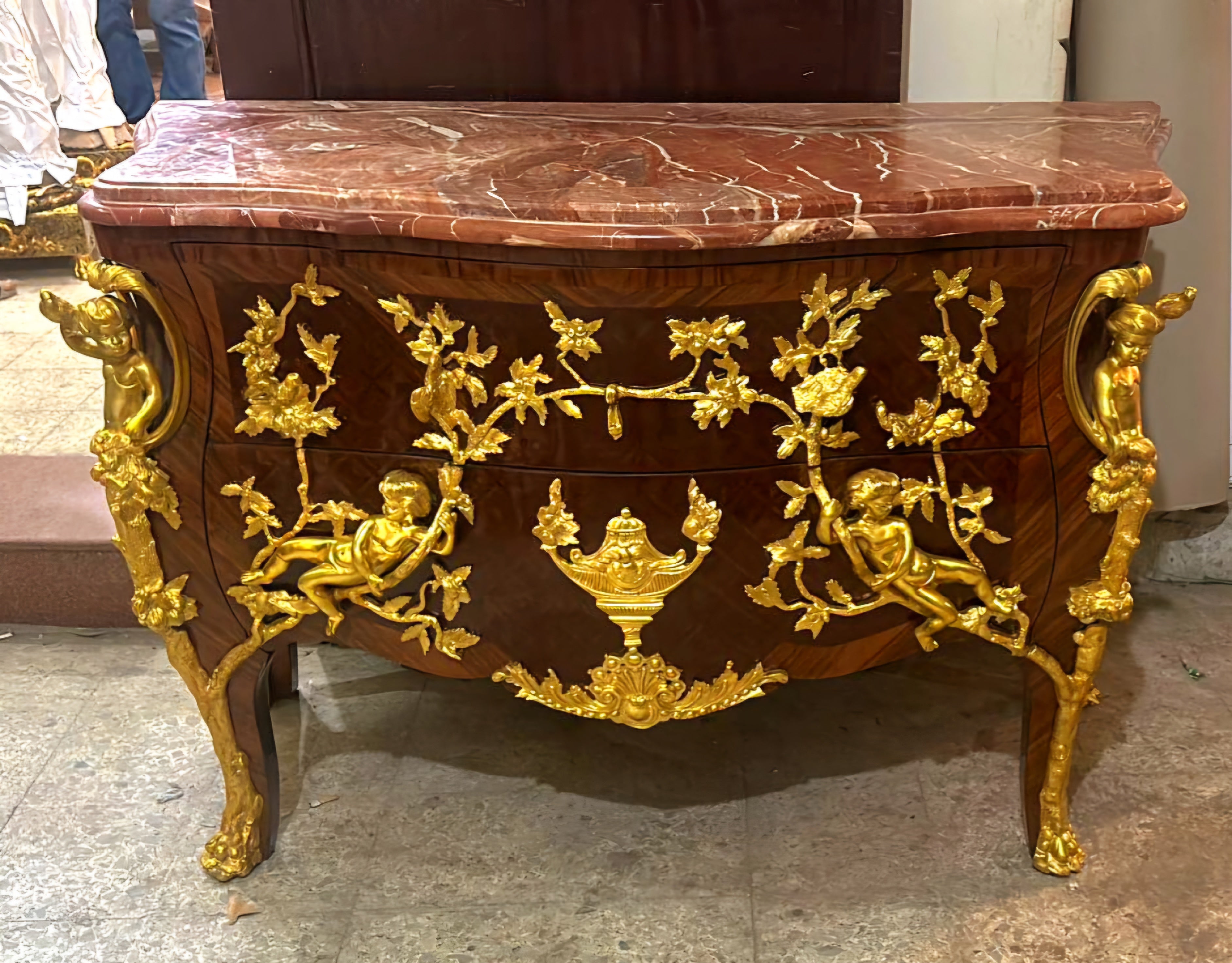 Louis XV Style Chest of Drawers Commode Marble Topped Gold Leaf Details