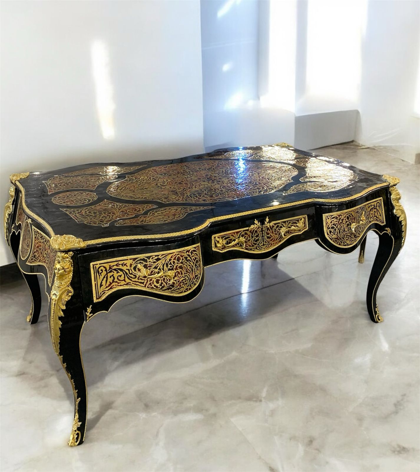 Black Desk Table French Rococo Style with Gold Details