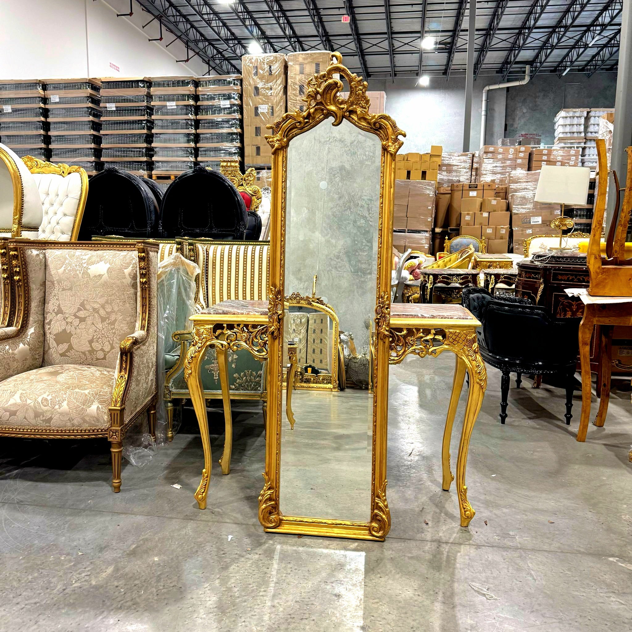 French Style Gold Floor Mirror Refinished in Gold Leaf Details