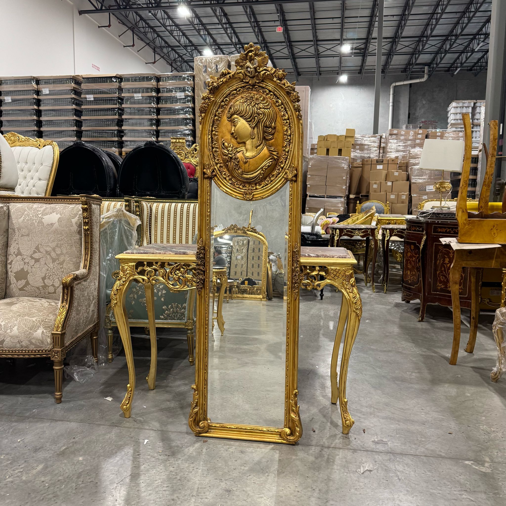 French Baroque Style Gold Woman Floor Mirror Gold Leaf Details