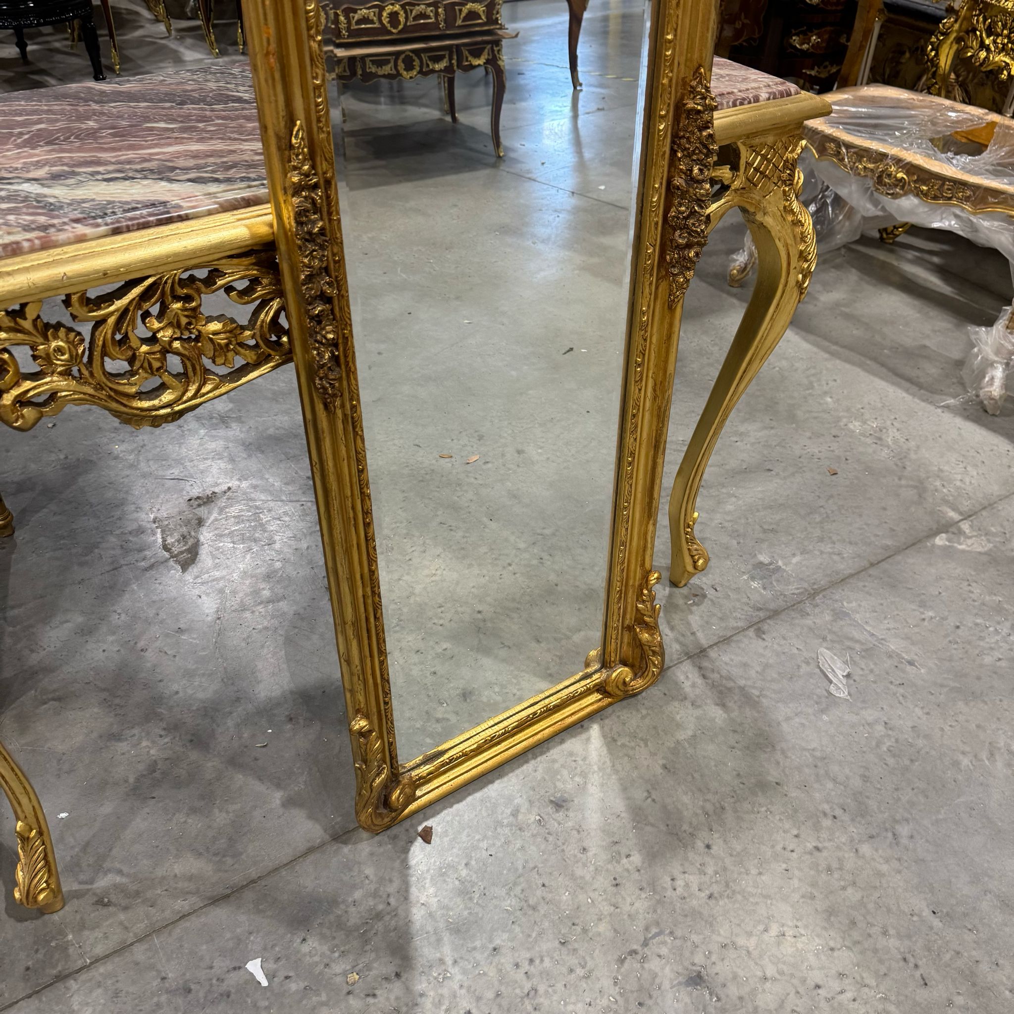 French Baroque Style Gold Woman Floor Mirror Gold Leaf Details