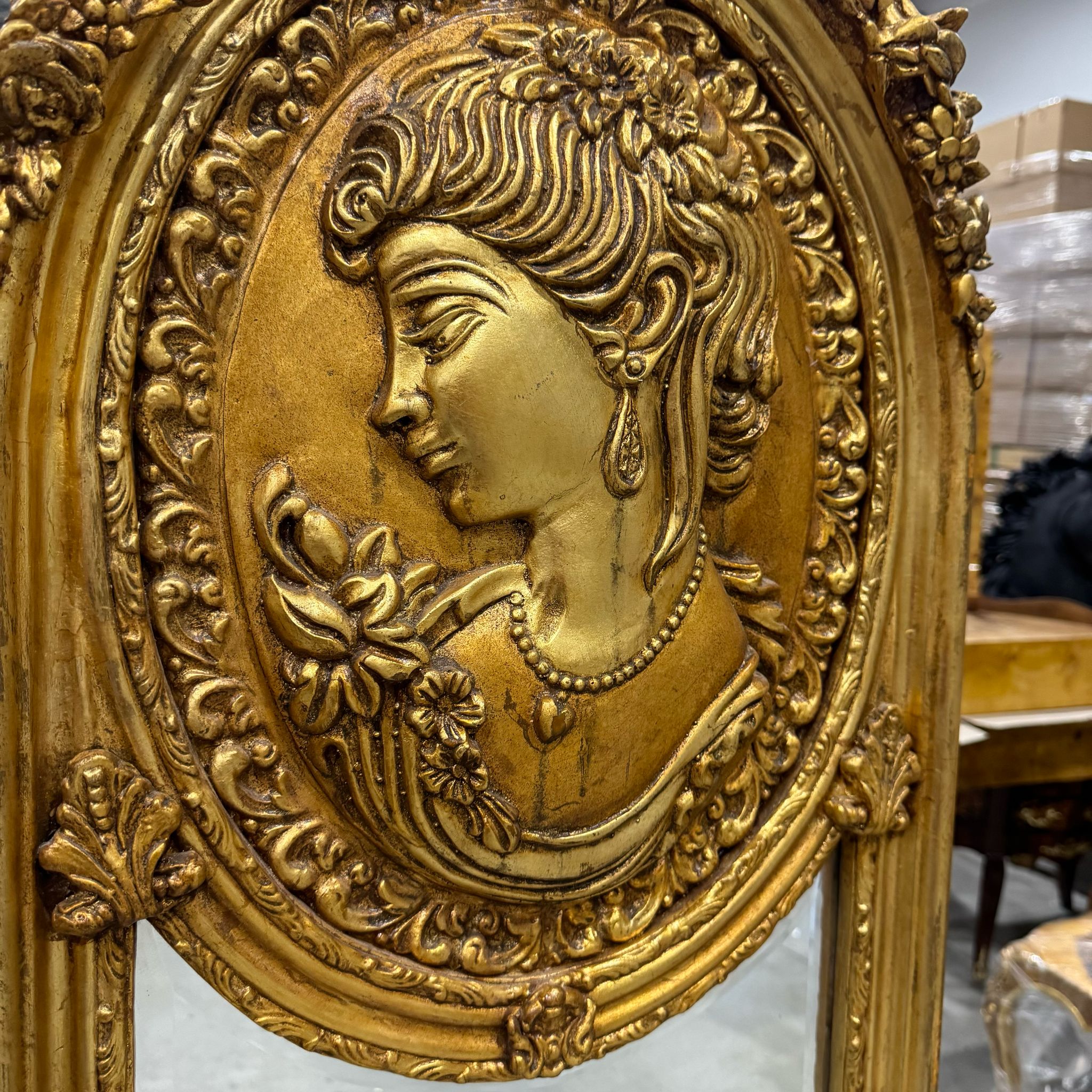 French Baroque Style Gold Woman Floor Mirror Gold Leaf Details