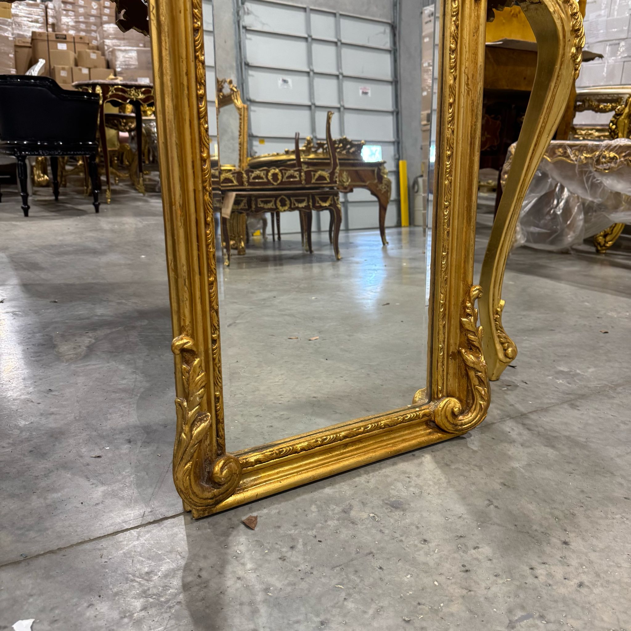 French Baroque Style Gold Woman Floor Mirror Gold Leaf Details