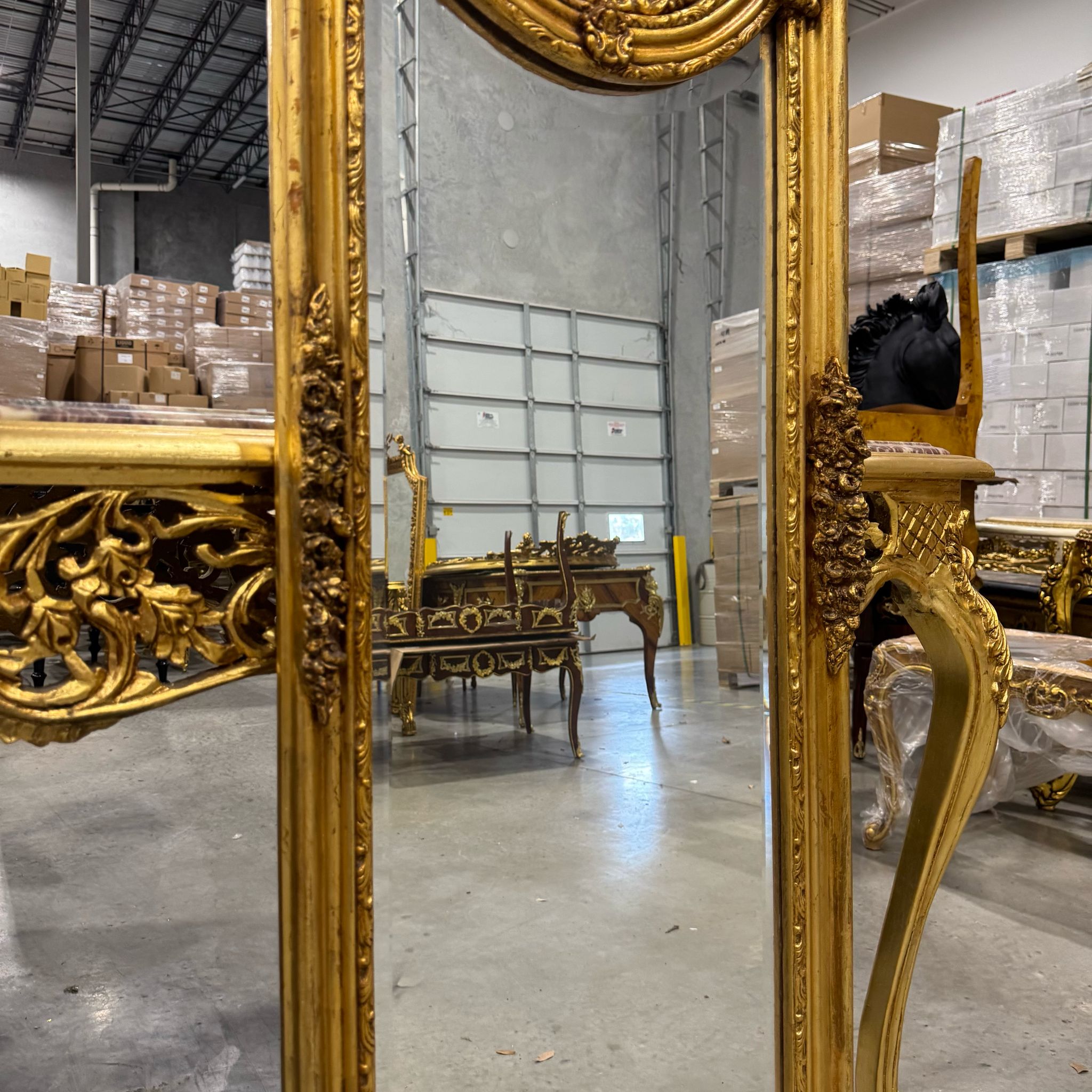 French Baroque Style Gold Woman Floor Mirror Gold Leaf Details