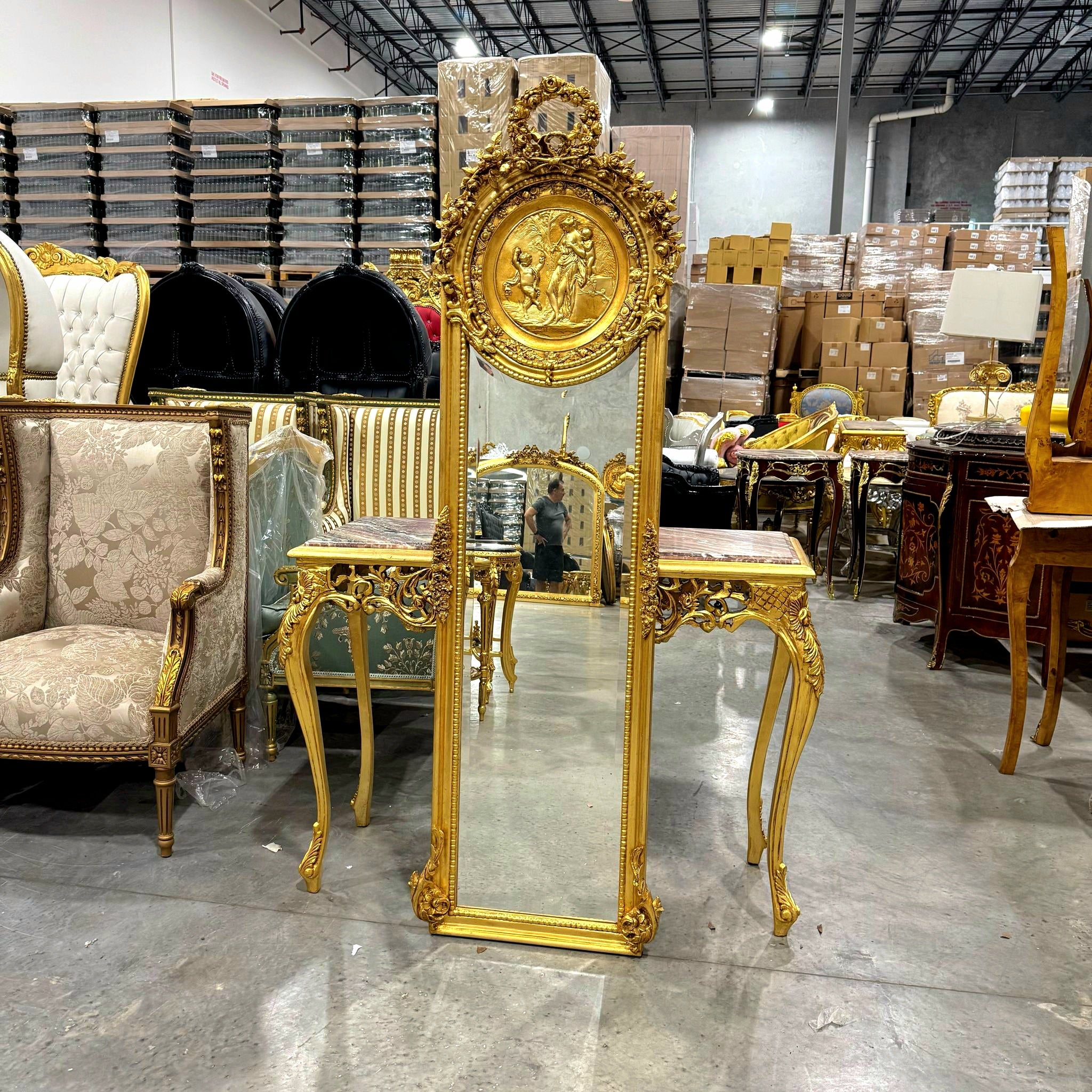 French Baroque Style 6 Feet Tall Light Gold Floor Carved Mirror