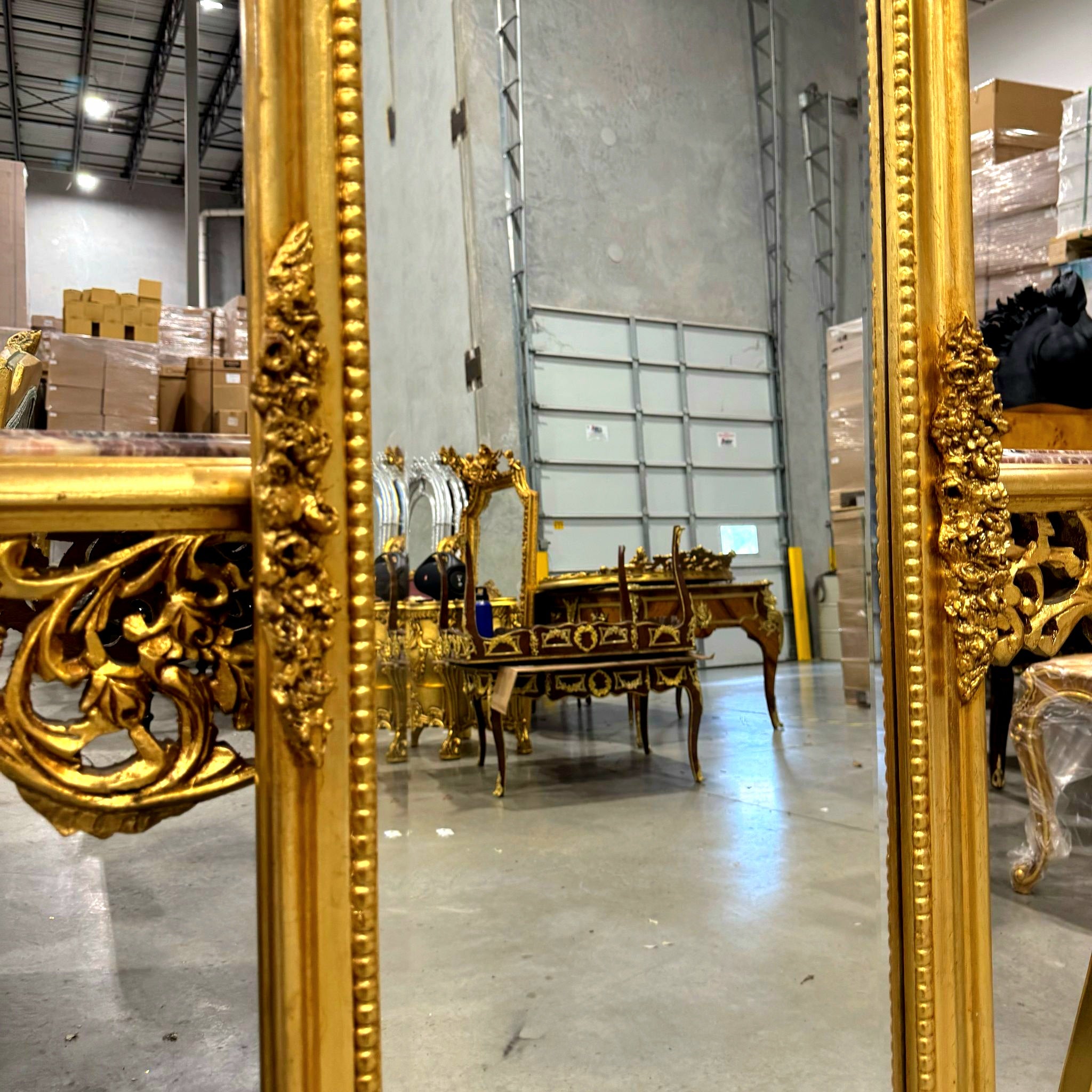 French Baroque Style 6 Feet Tall Light Gold Floor Carved Mirror