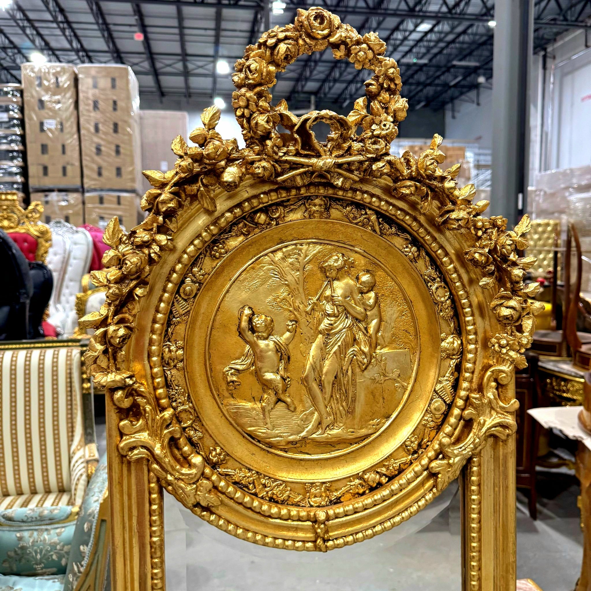 French Baroque Style 6 Feet Tall Light Gold Floor Carved Mirror