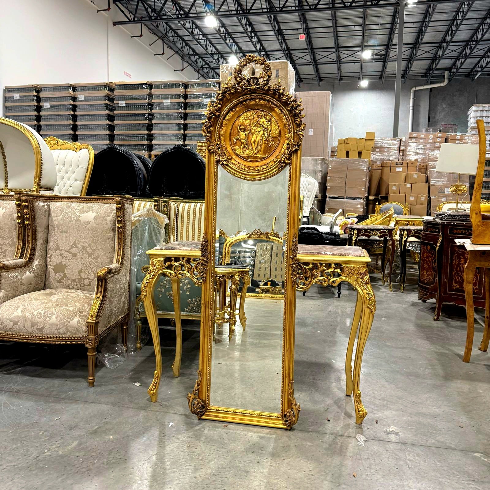 French Baroque Style 6 Feet Tall Dark Gold Floor Carved Mirror