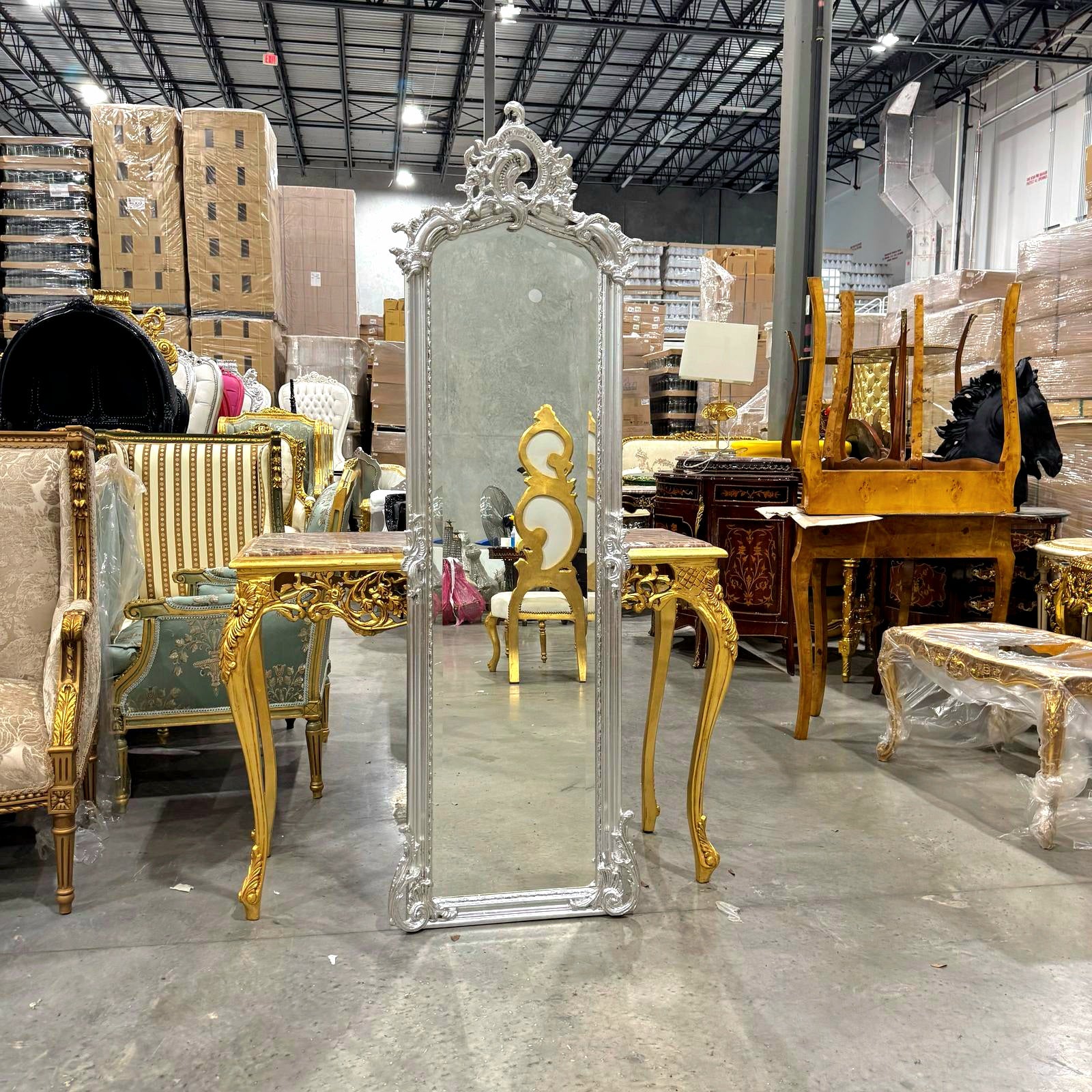 Elegant French Silver Floor Mirror – Hand-Applied Silver Leaf Finish