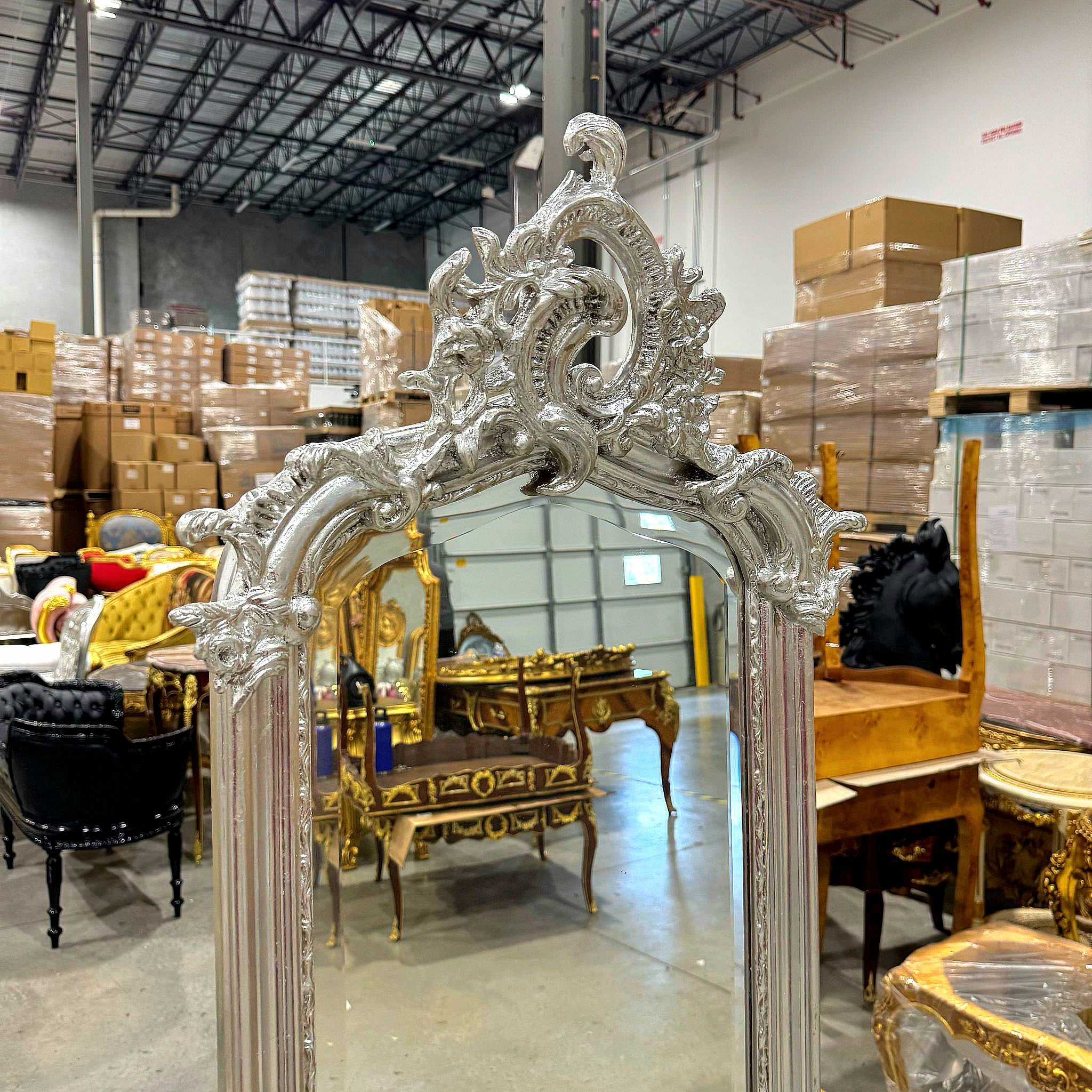 Elegant French Silver Floor Mirror – Hand-Applied Silver Leaf Finish