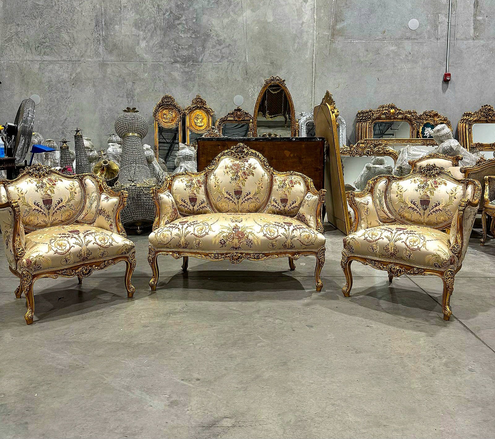 Antique Living Room SET Baroque Style Beige White Fabric *Sofa and 2 Chairs*